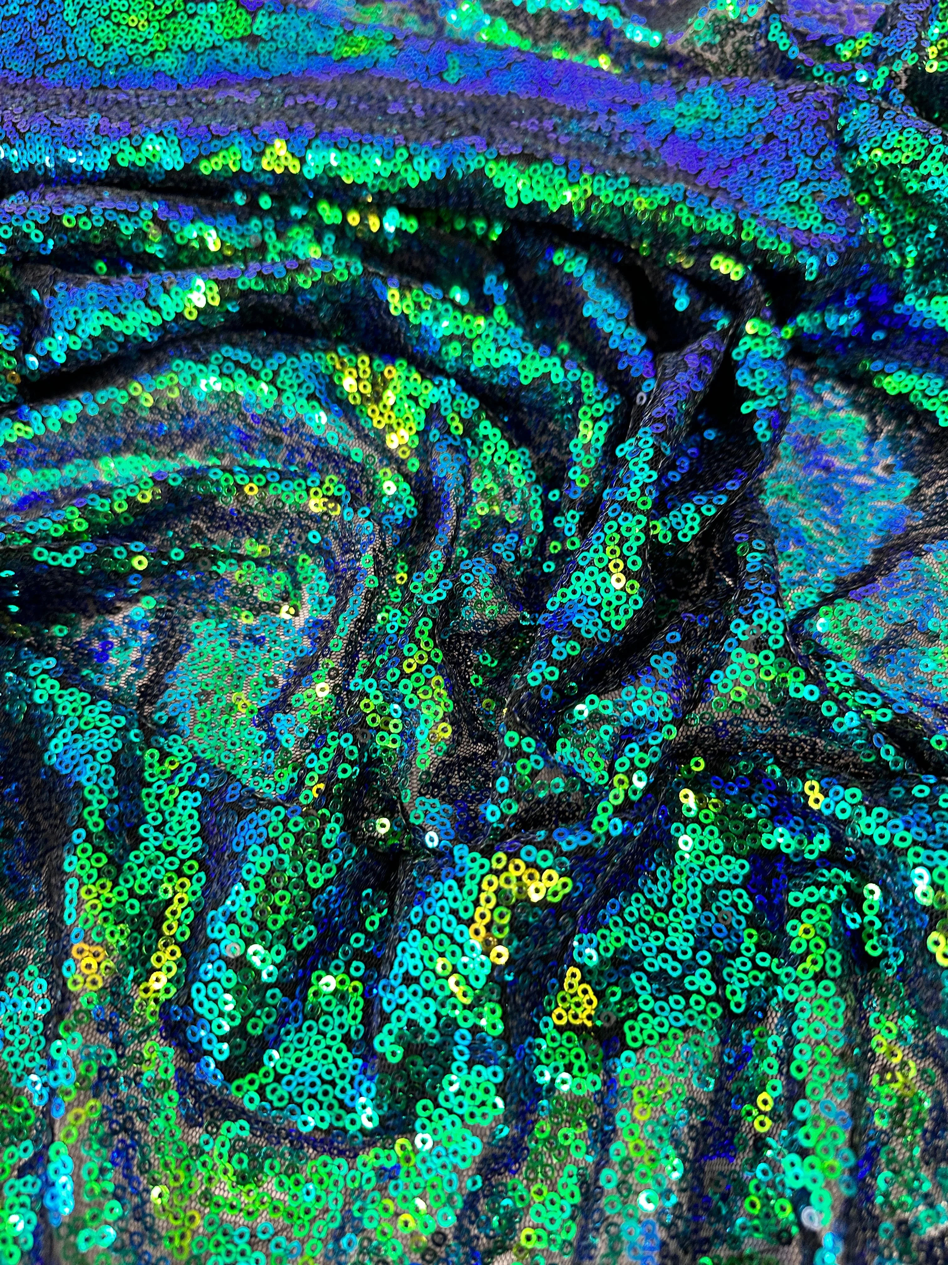 Green Iridescent Stretch Sequin On Mesh - Image 3