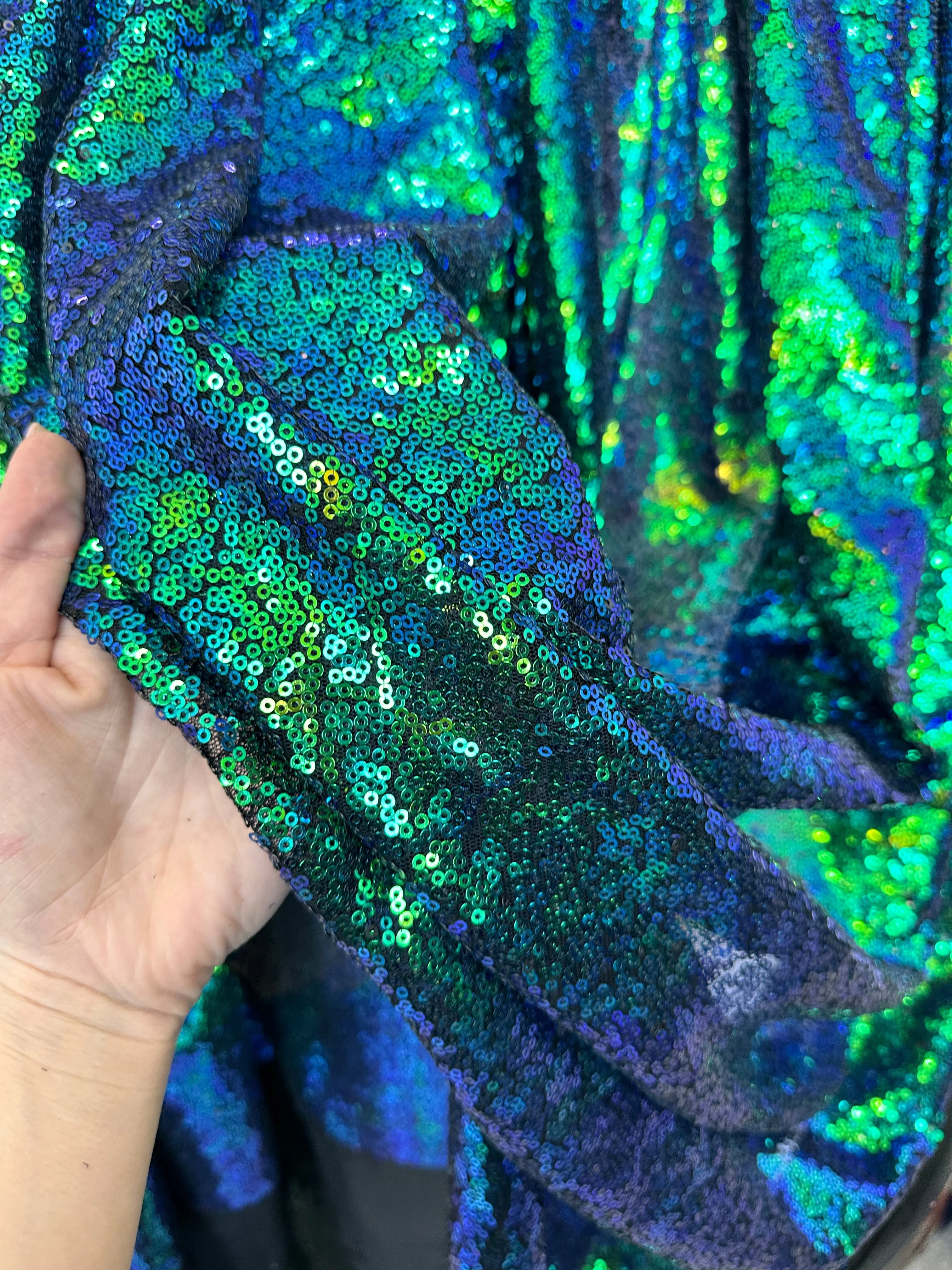 Green Iridescent Stretch Sequin On Mesh - Image 7