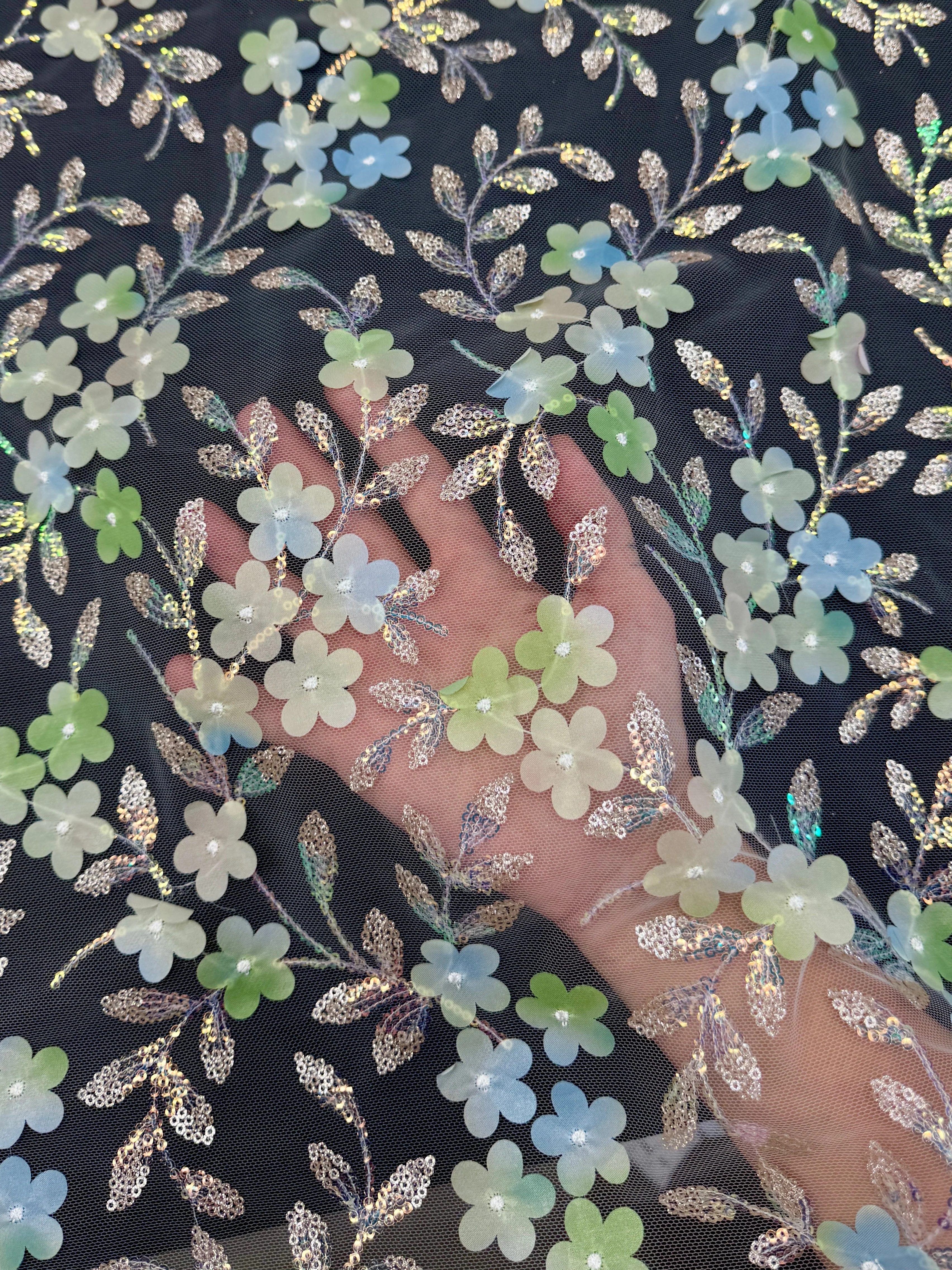 Green Multicolor 3D Floral Embroidered Tulle
