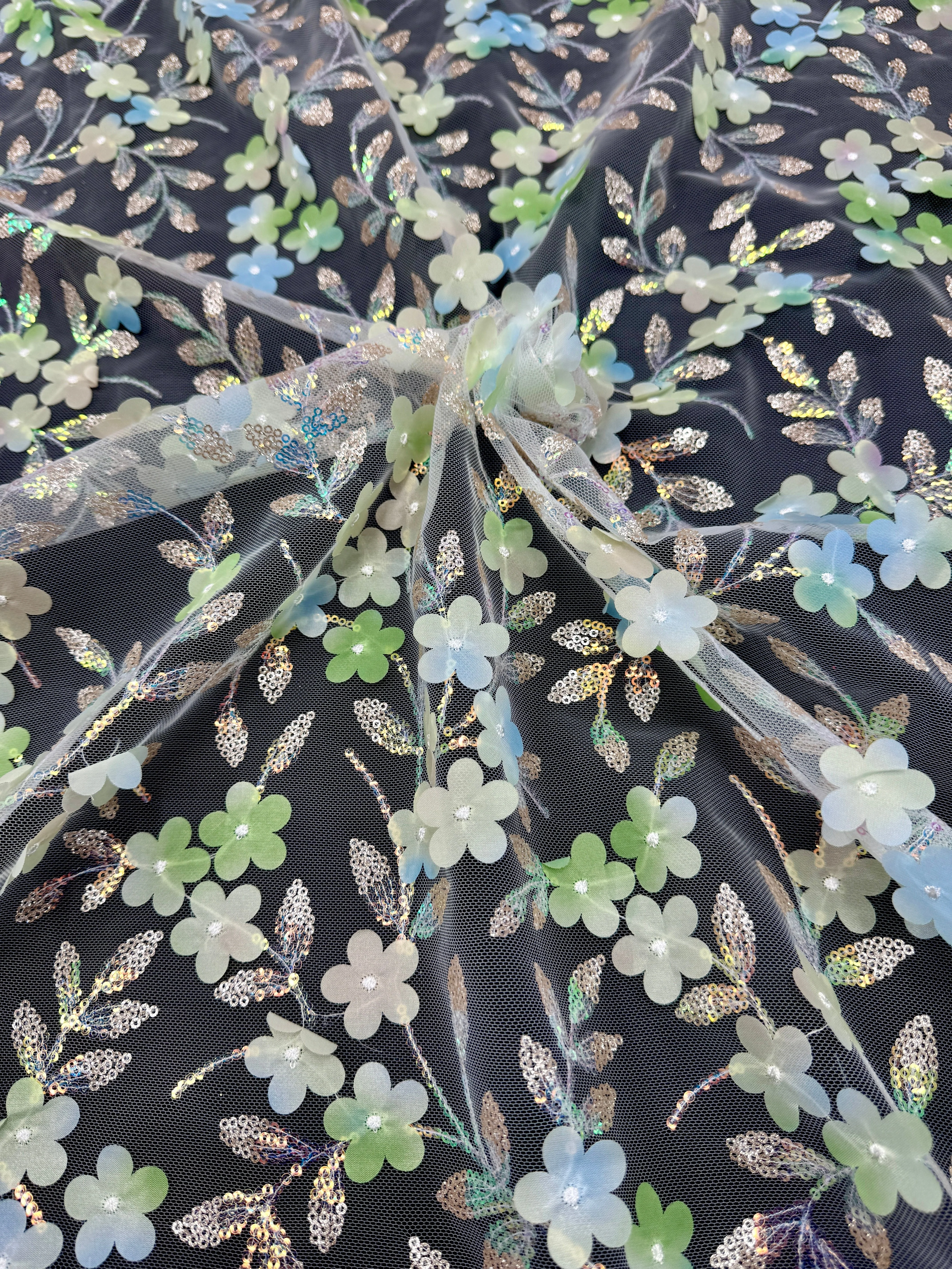 Green Multicolor 3D Floral Embroidered Tulle - Image 2