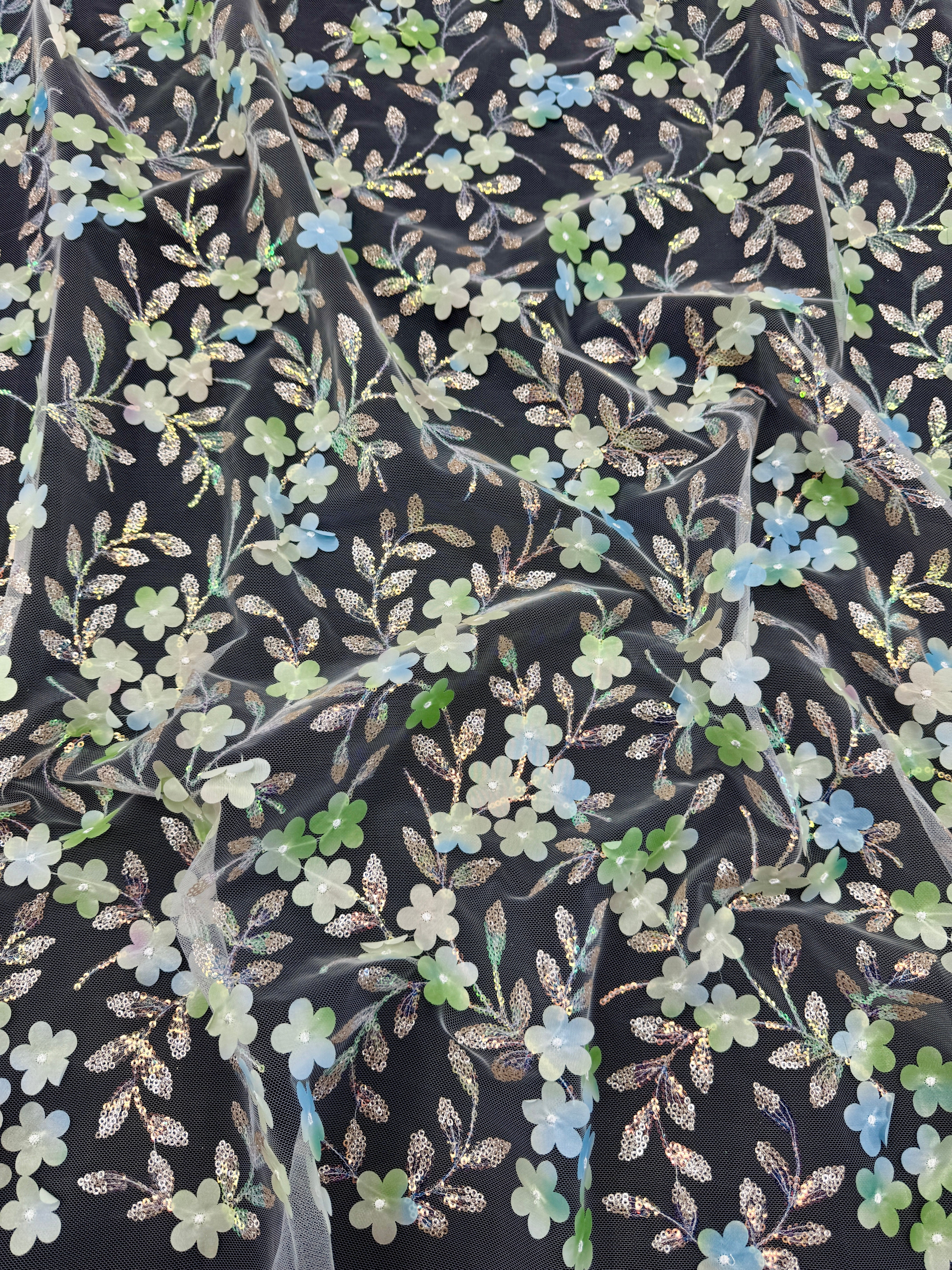 Green Multicolor 3D Floral Embroidered Tulle - Image 4