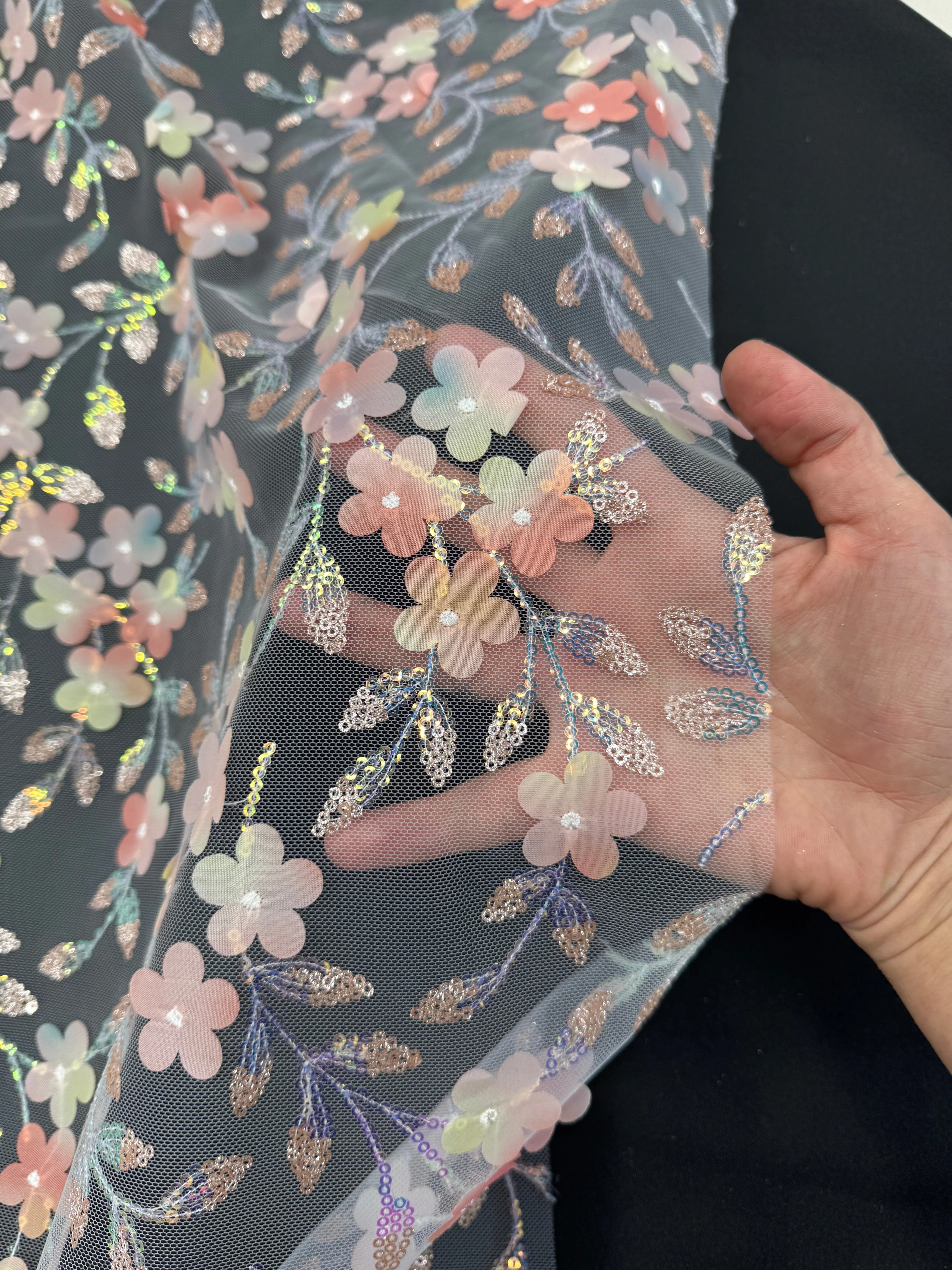 Green Multicolor 3D Floral Embroidered Tulle - Image 5