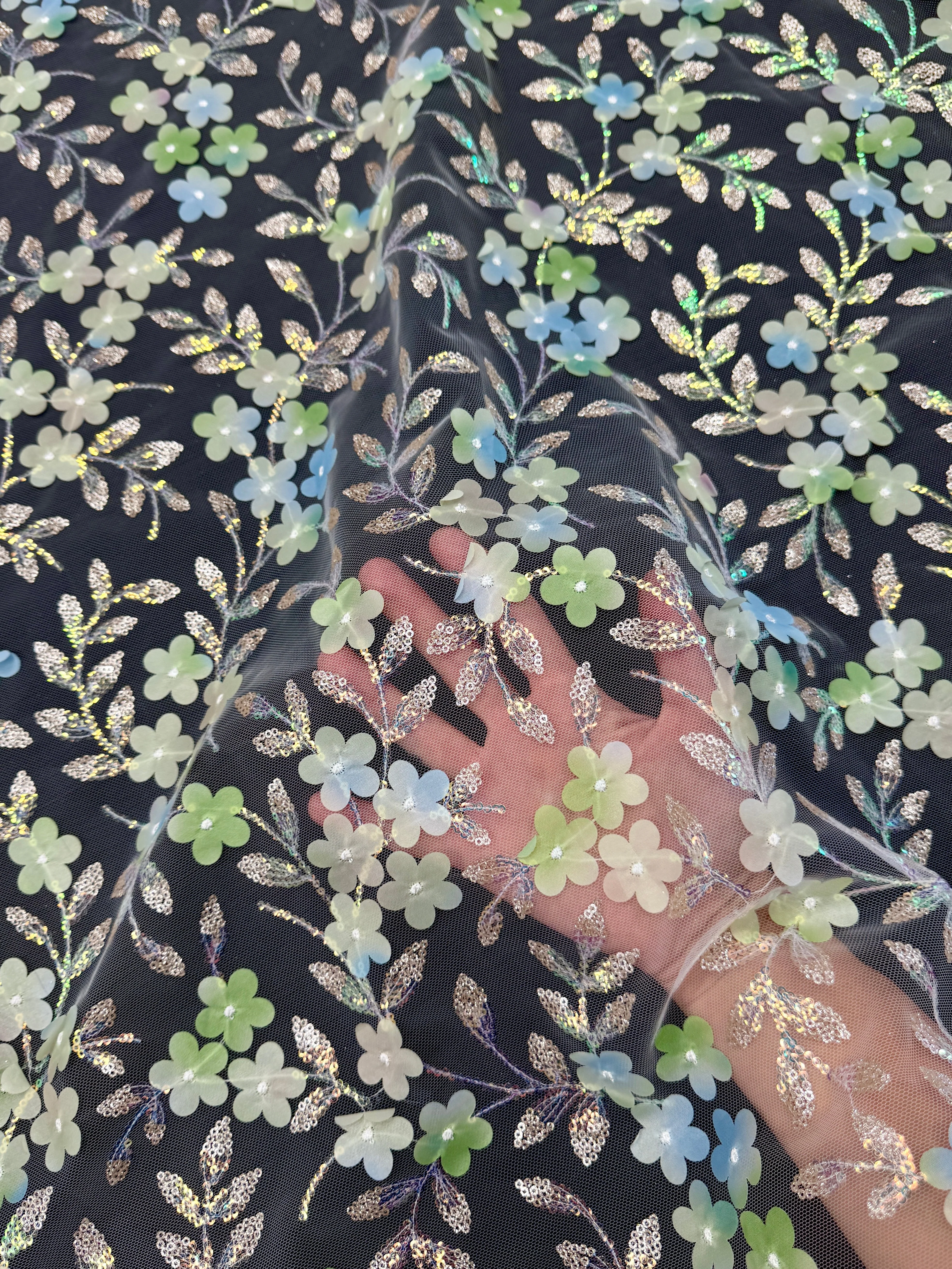Green Multicolor 3D Floral Embroidered Tulle - Image 6