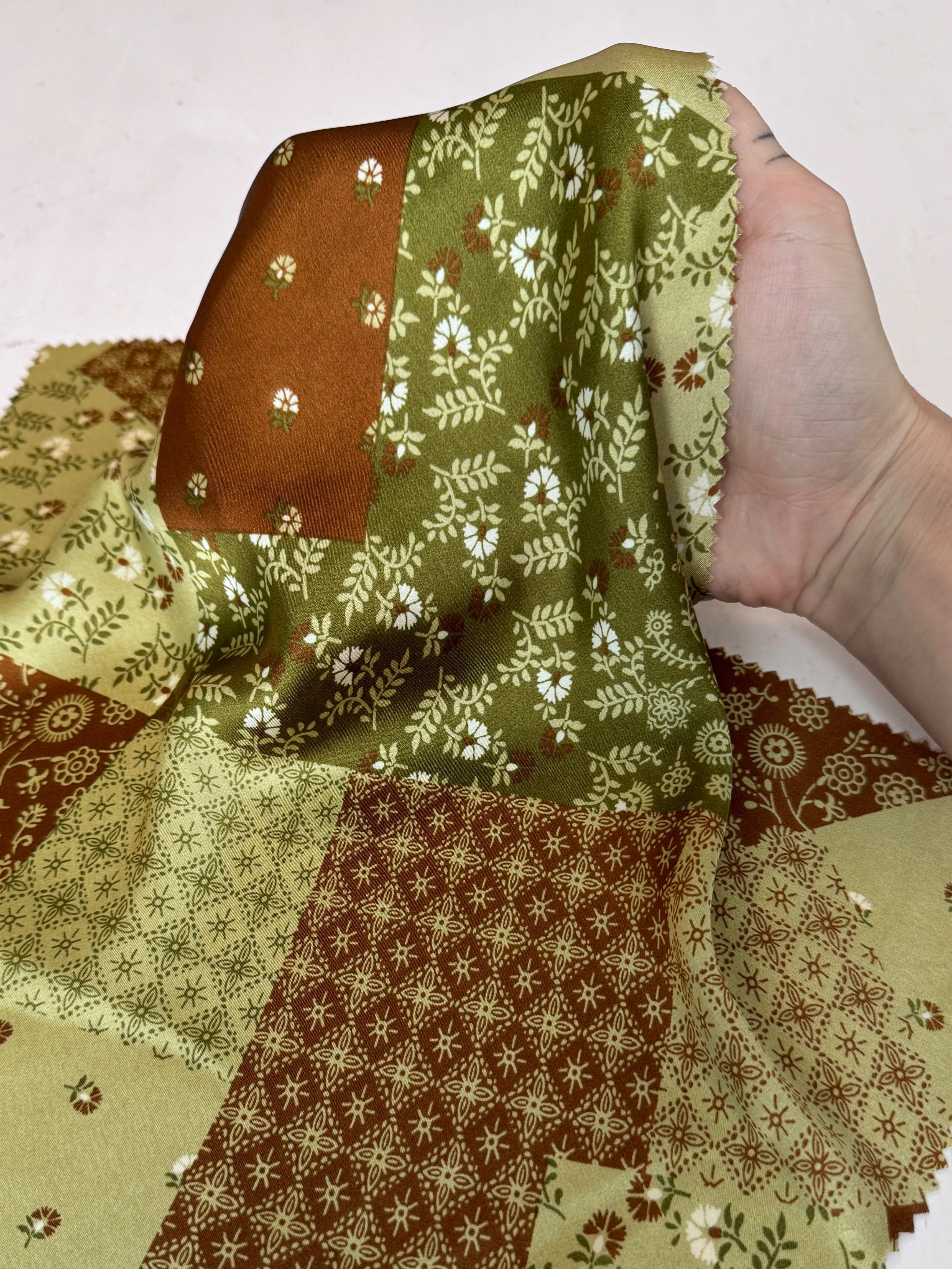 Green Patchwork Floral Print Satin - Image 3