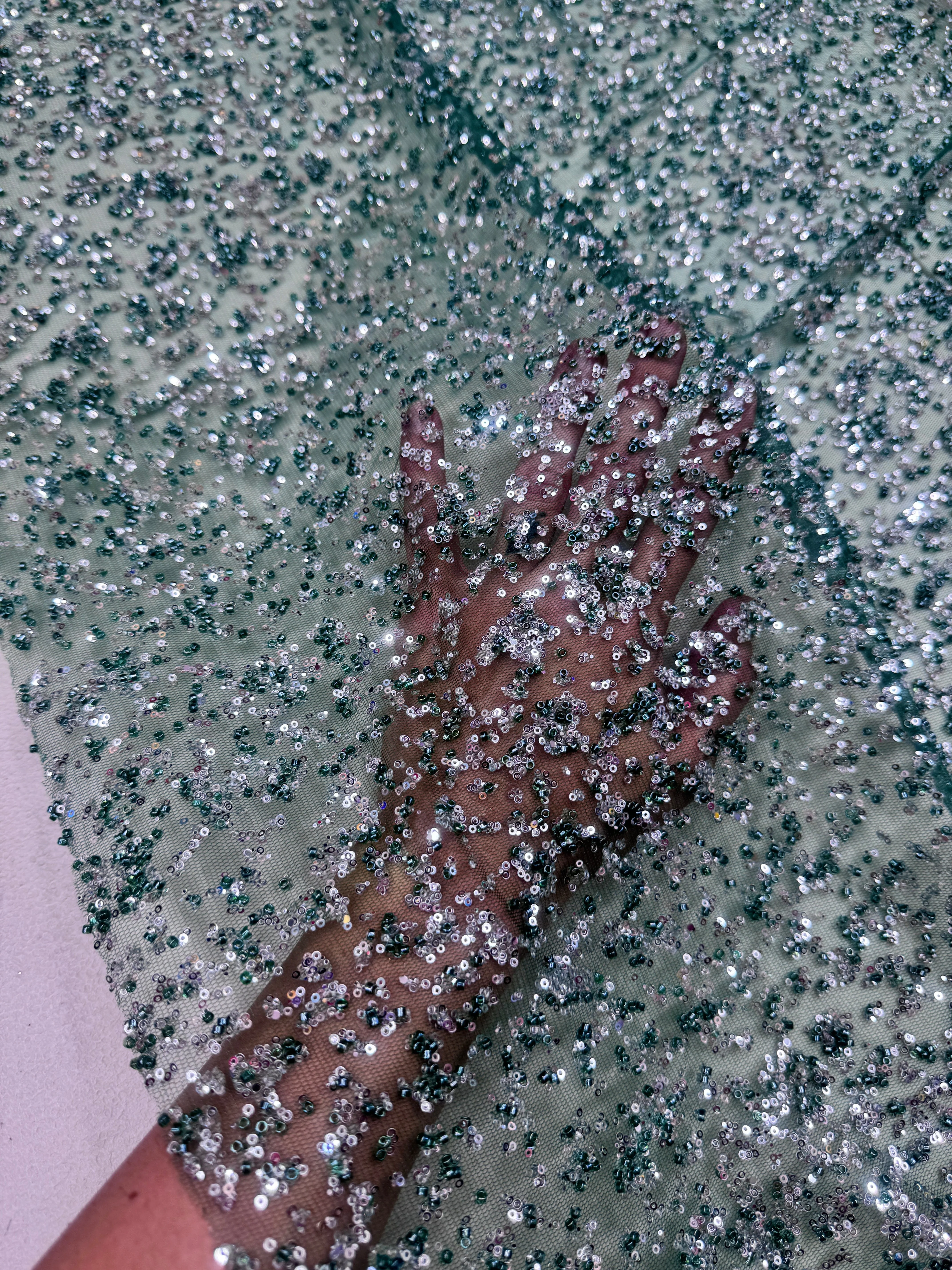 Green-Silver Beaded Sequin Lace - Image 6