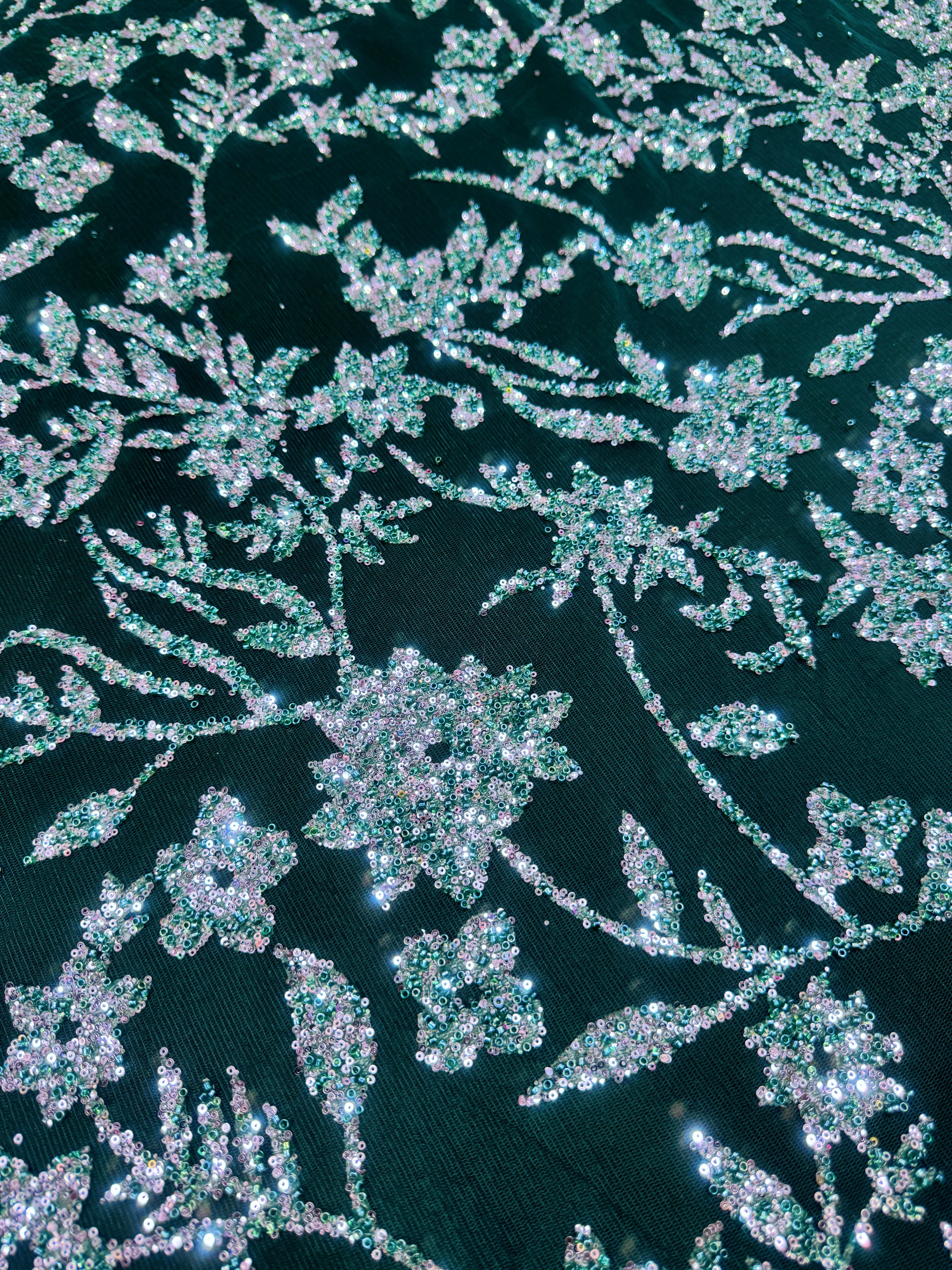 Green Silver Floral Beaded Lace - Image 2