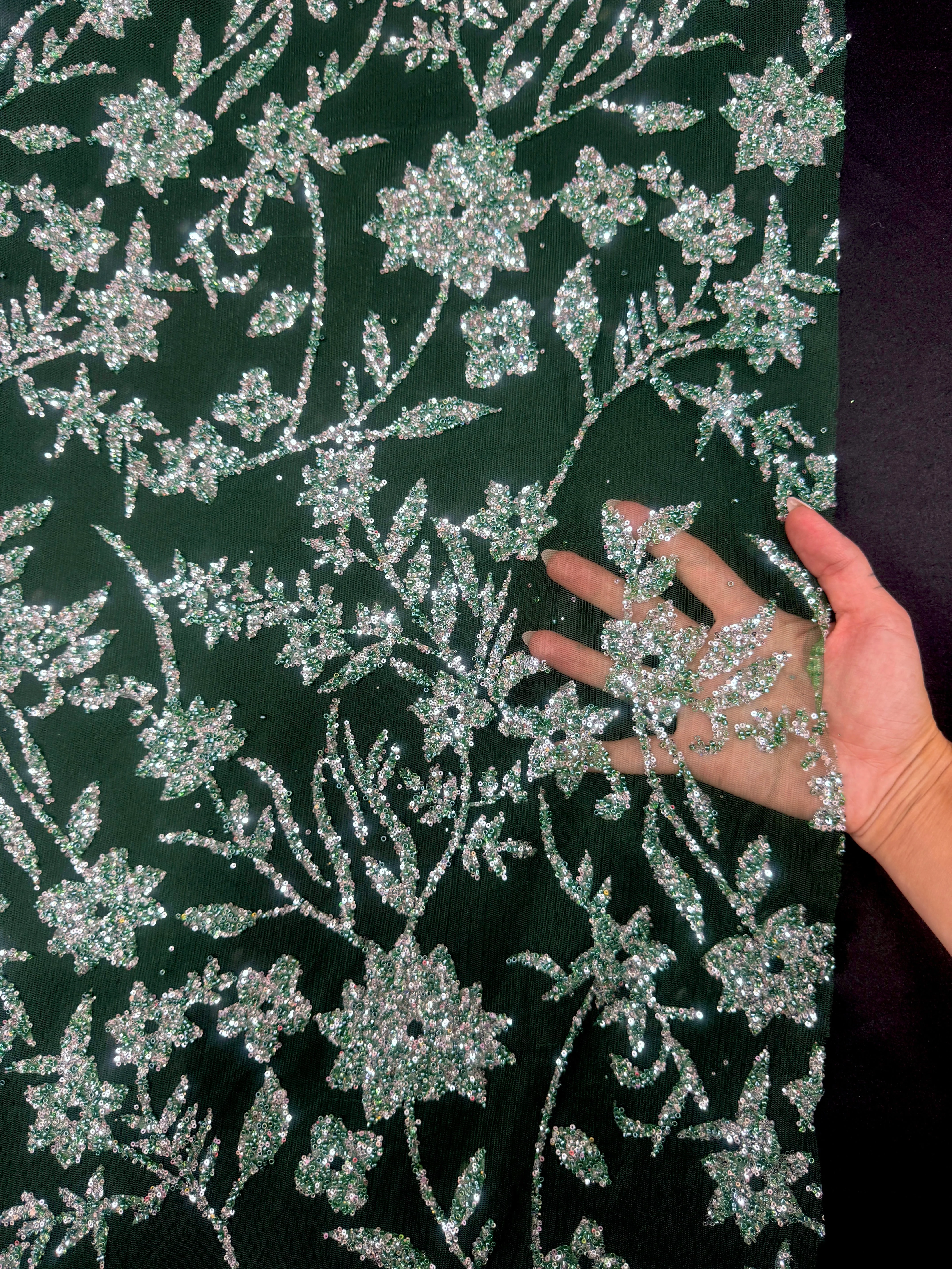 Green Silver Floral Beaded Lace - Image 3