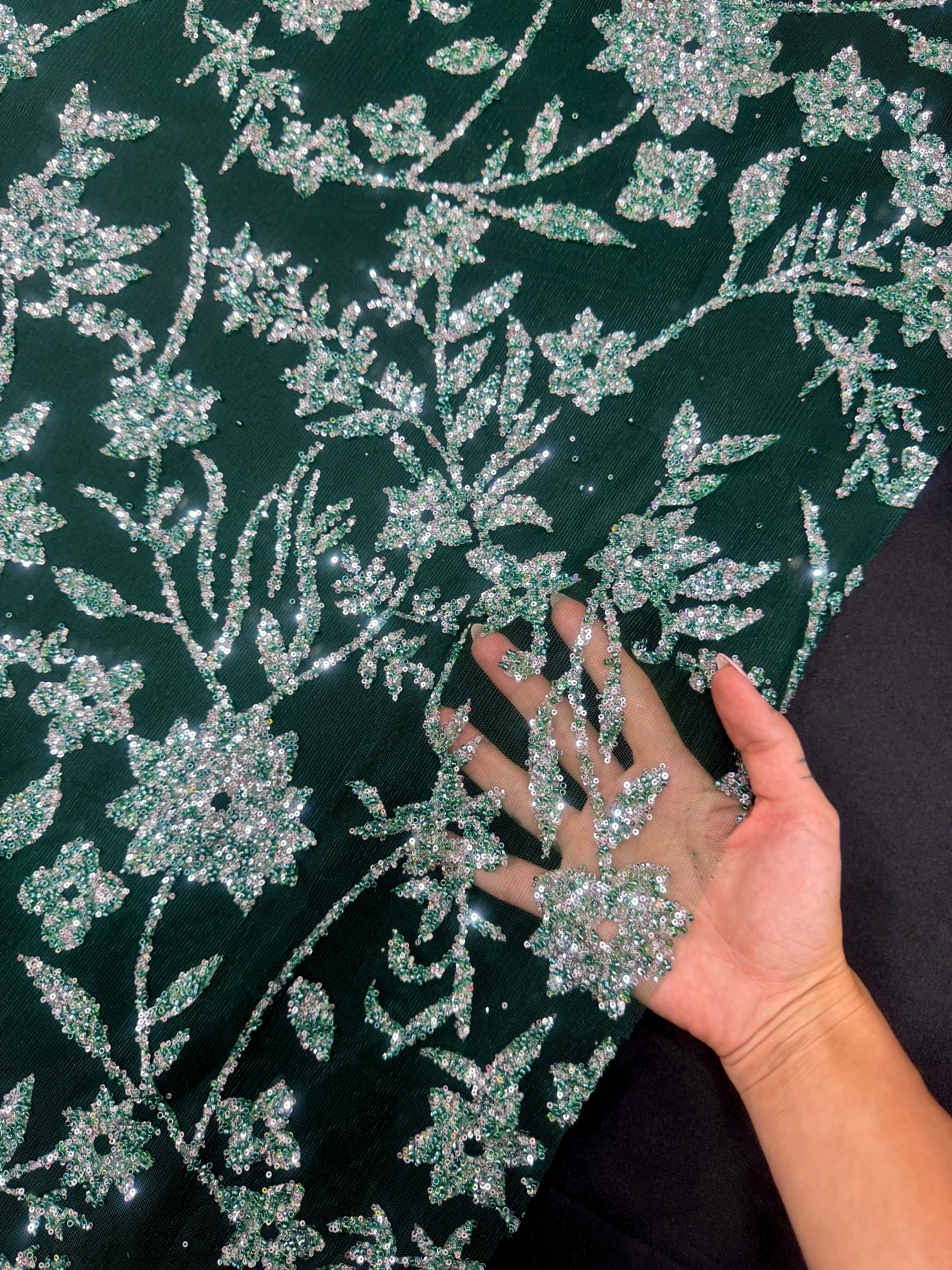 Green Silver Floral Beaded Lace - Image 4