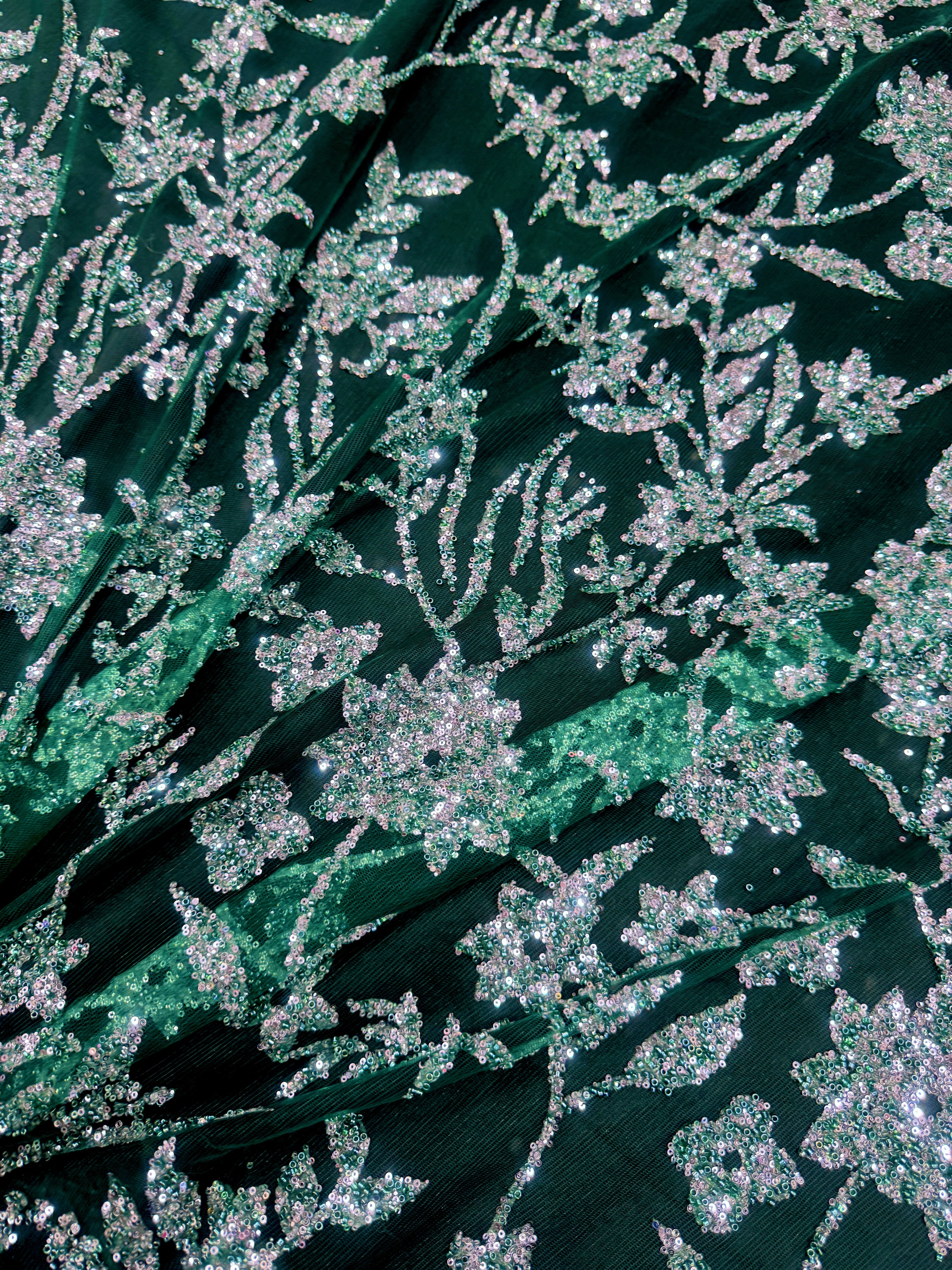 Green Silver Floral Beaded Lace - Image 5