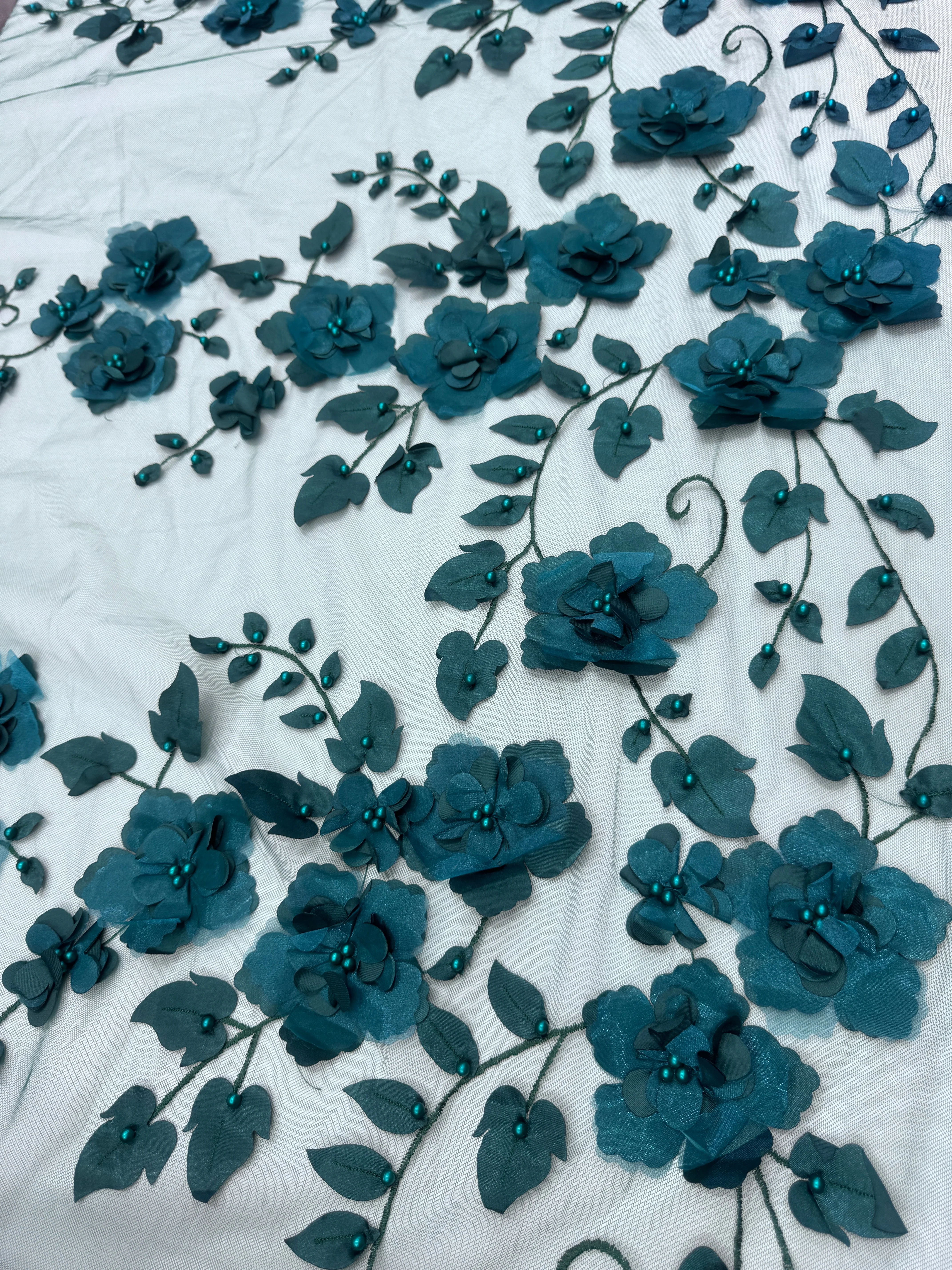 Hunter Green 3D Flower Beaded Lace Mesh