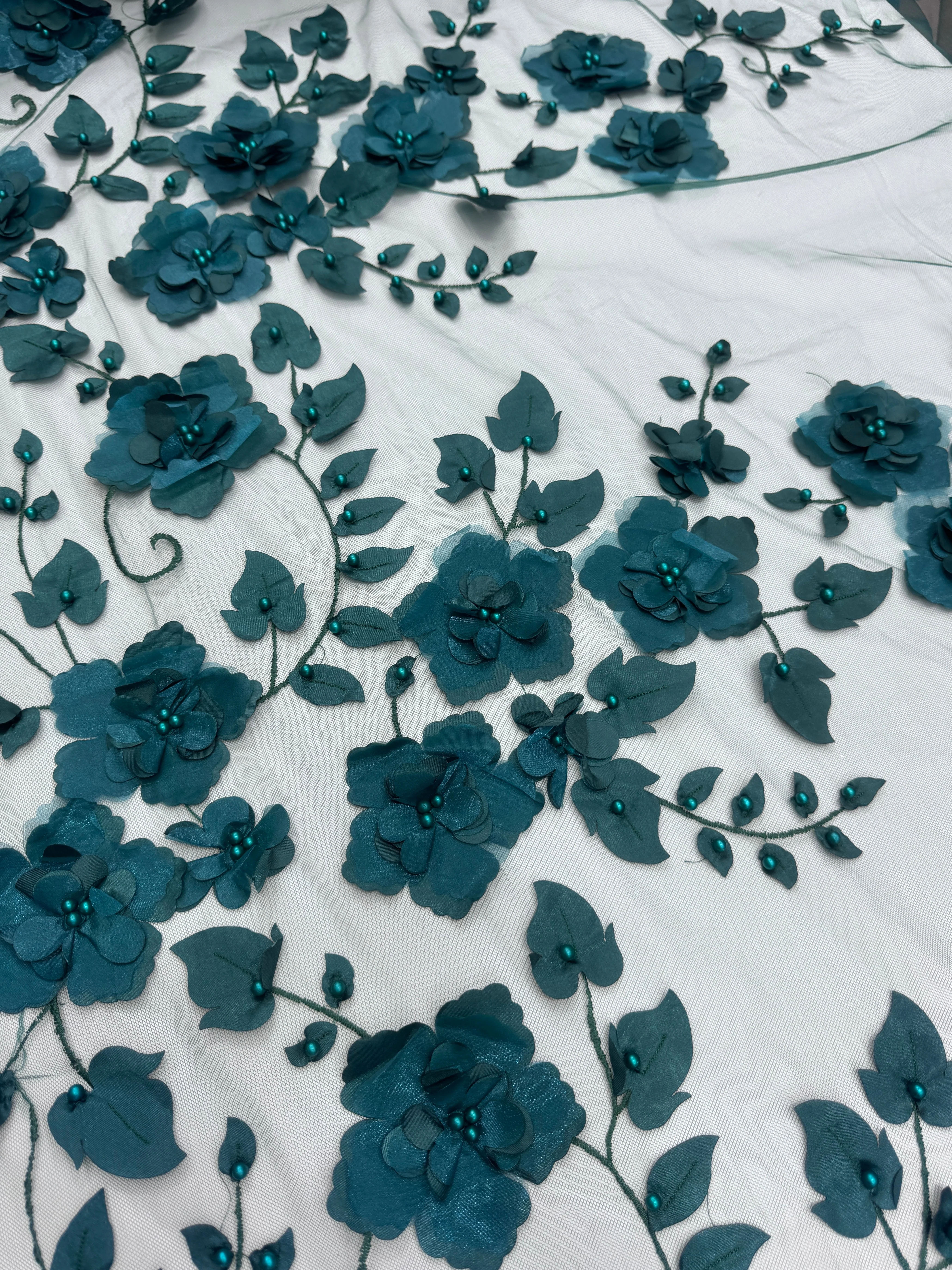 Hunter Green 3D Flower Beaded Lace Mesh - Image 6