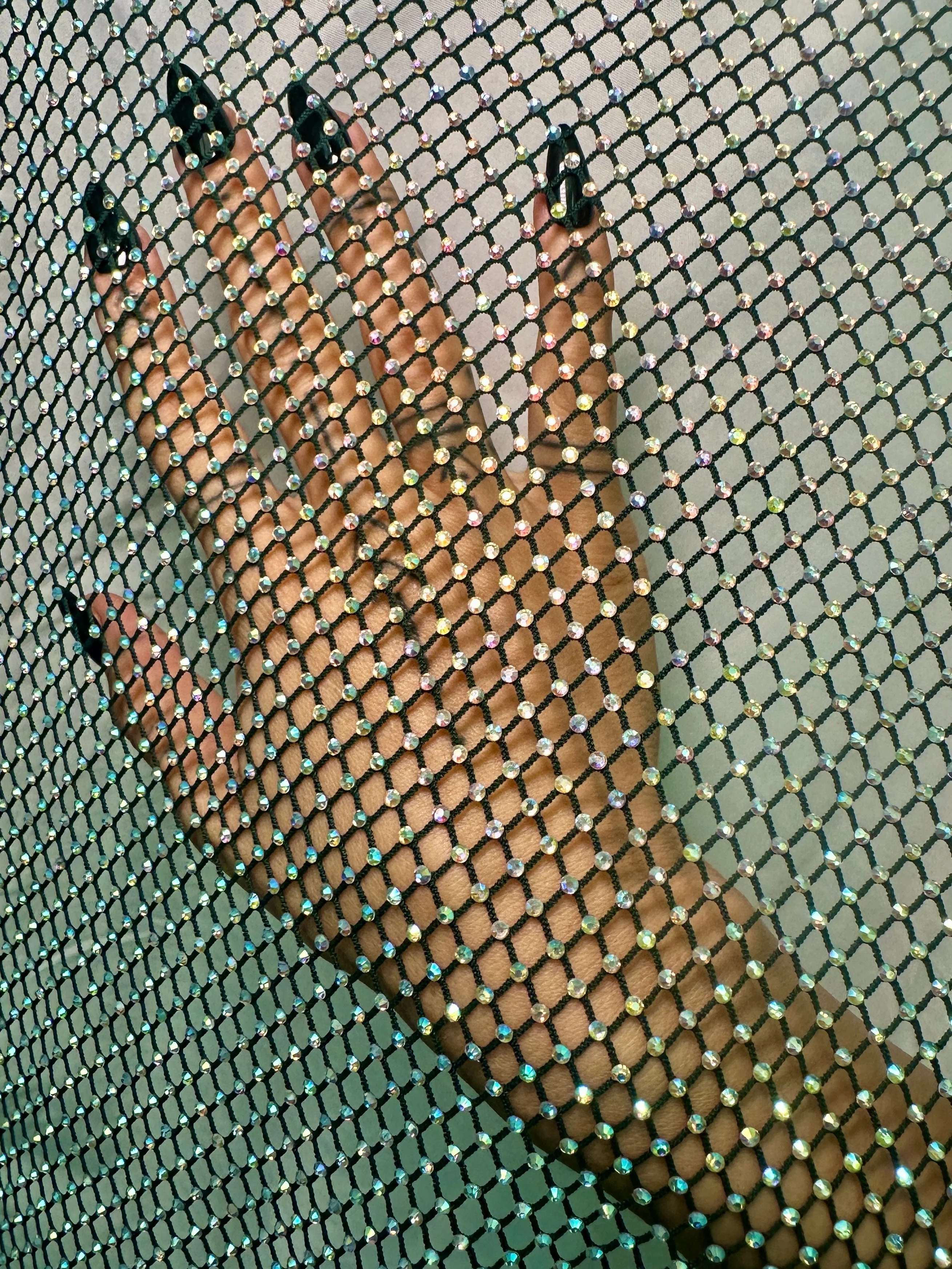 Hunter Green Rhinestone Diamond Fishnet Mesh
