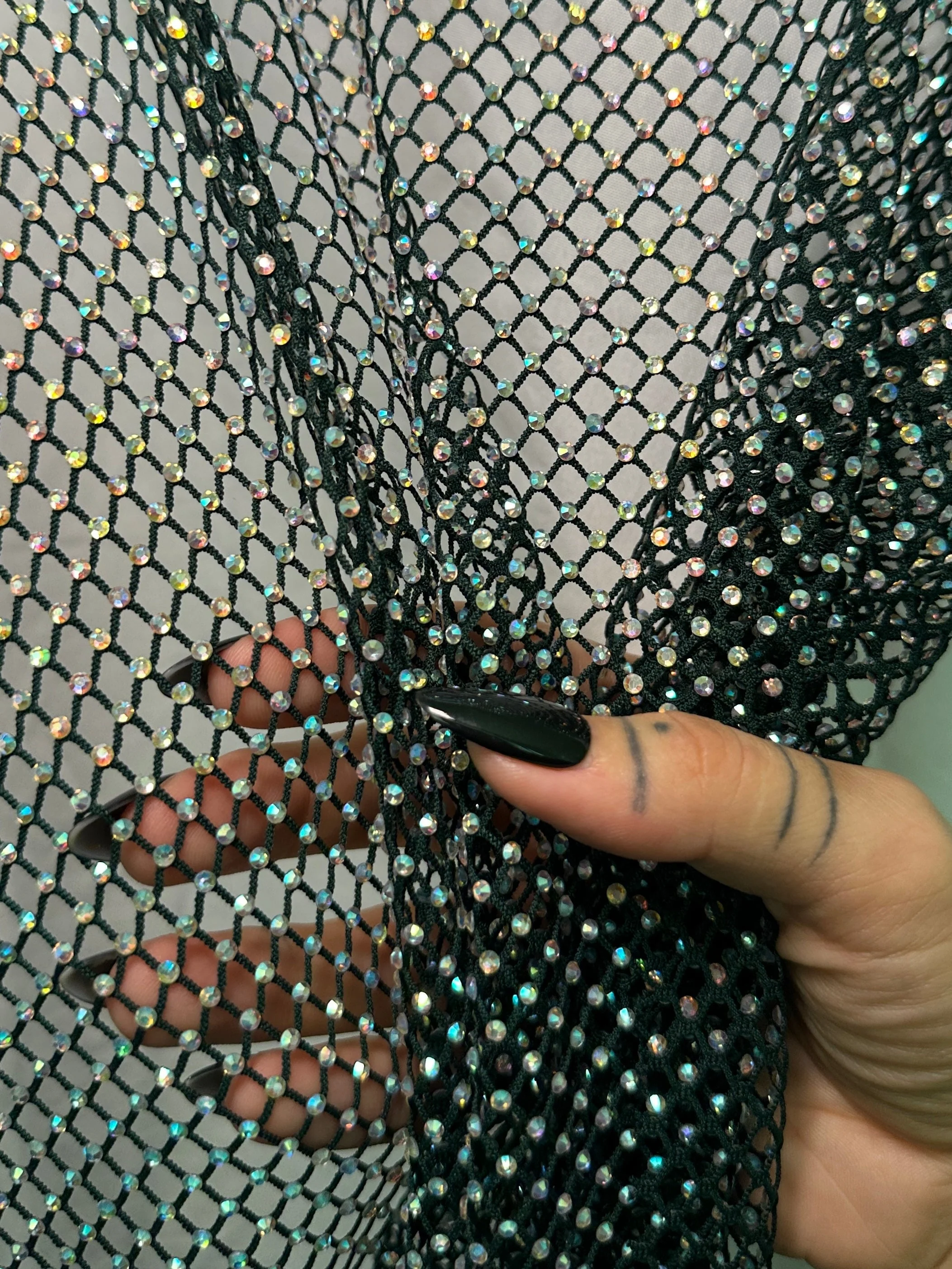 Hunter Green Rhinestone Diamond Fishnet Mesh - Image 2