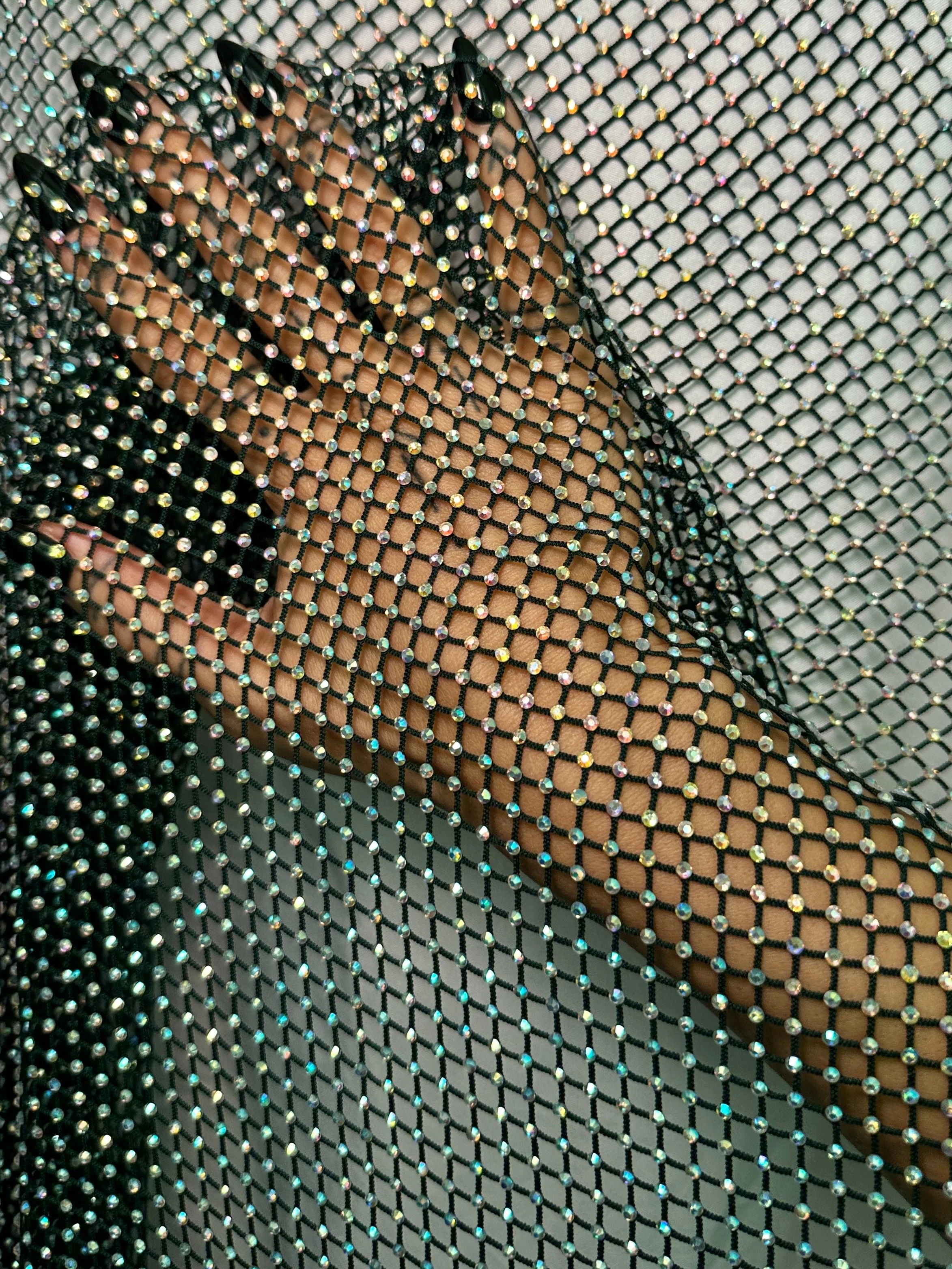 Hunter Green Rhinestone Diamond Fishnet Mesh - Image 6