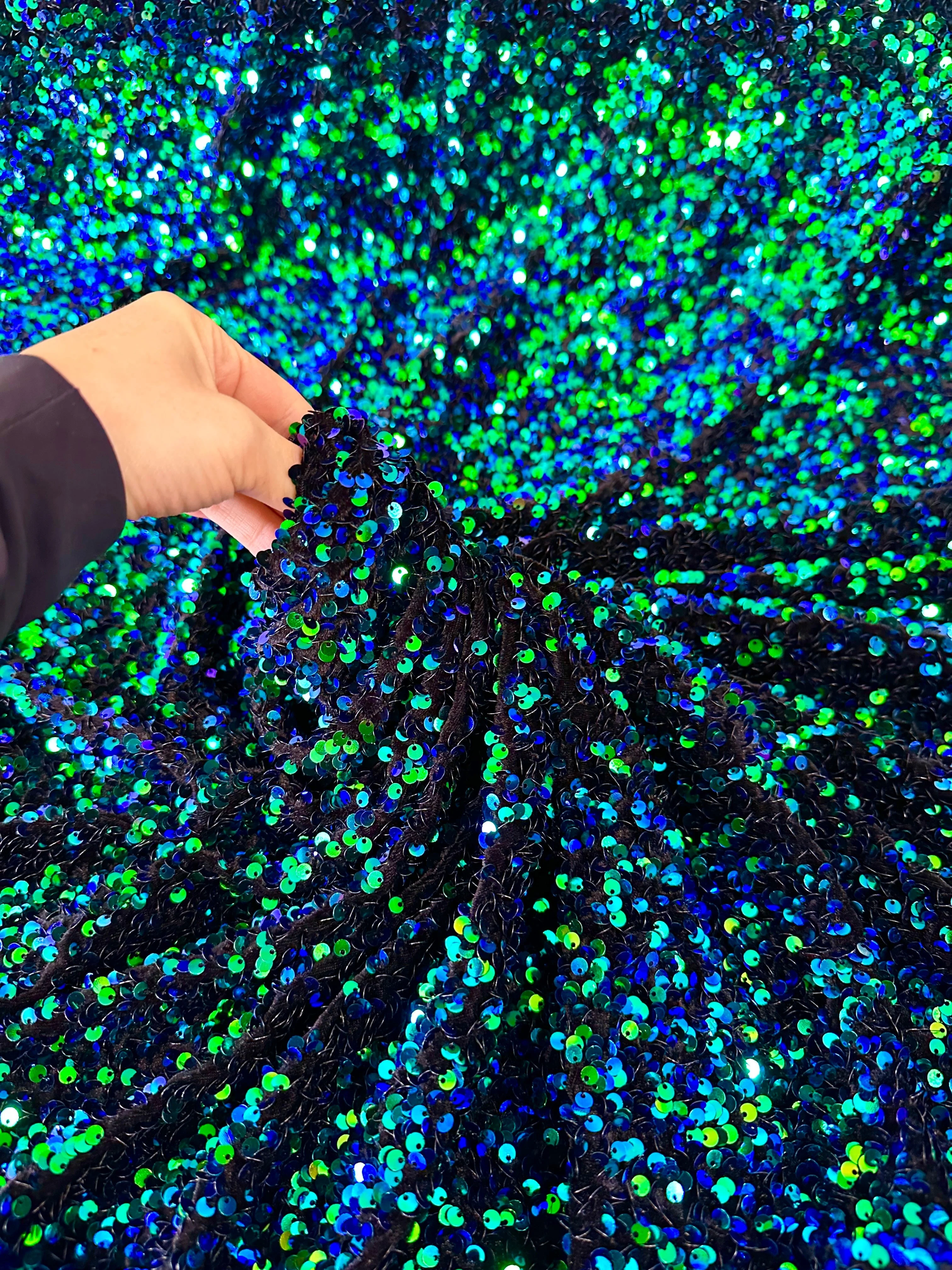 Iridescent Emerald Sequin on Velvet