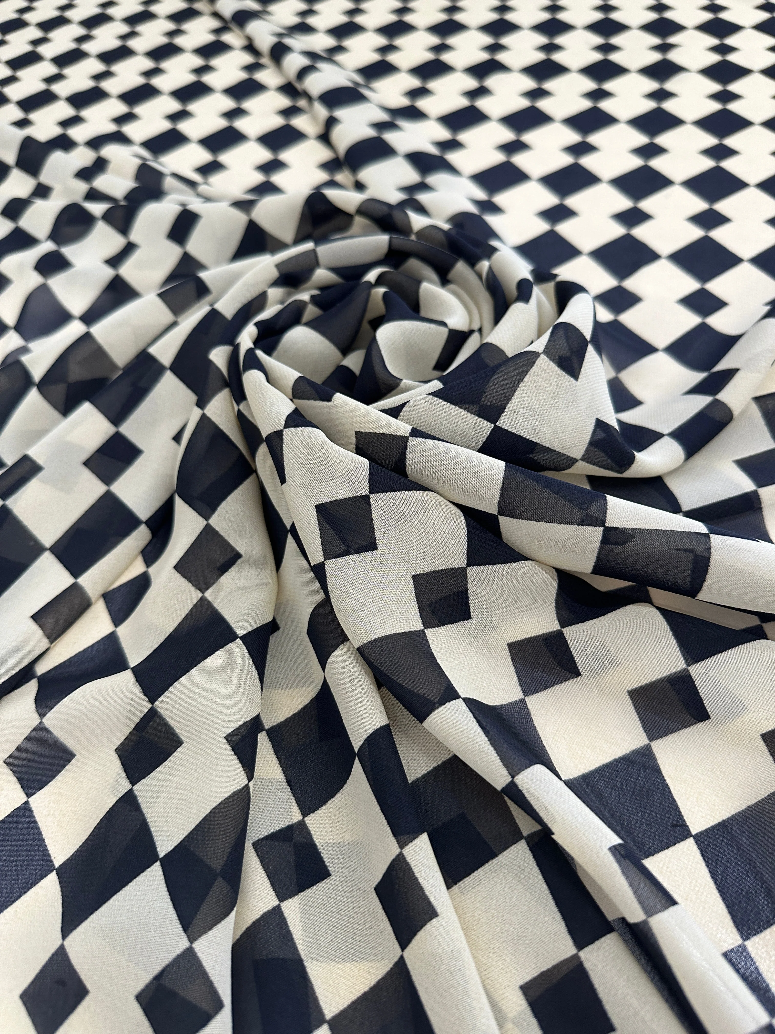 Ivory Black Checkers Viscose Chiffon