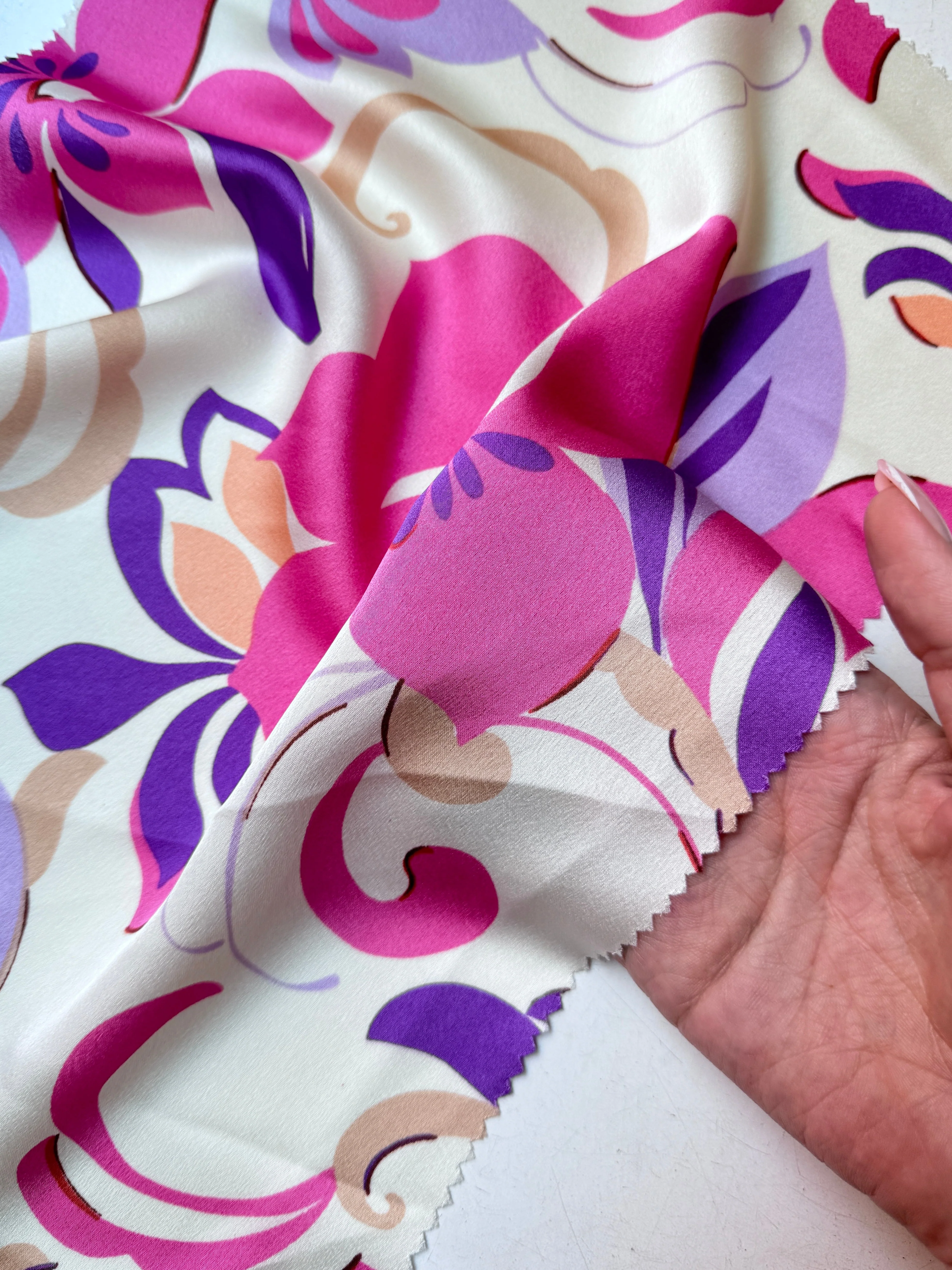 Ivory/Pink Floral Print Satin - Image 6
