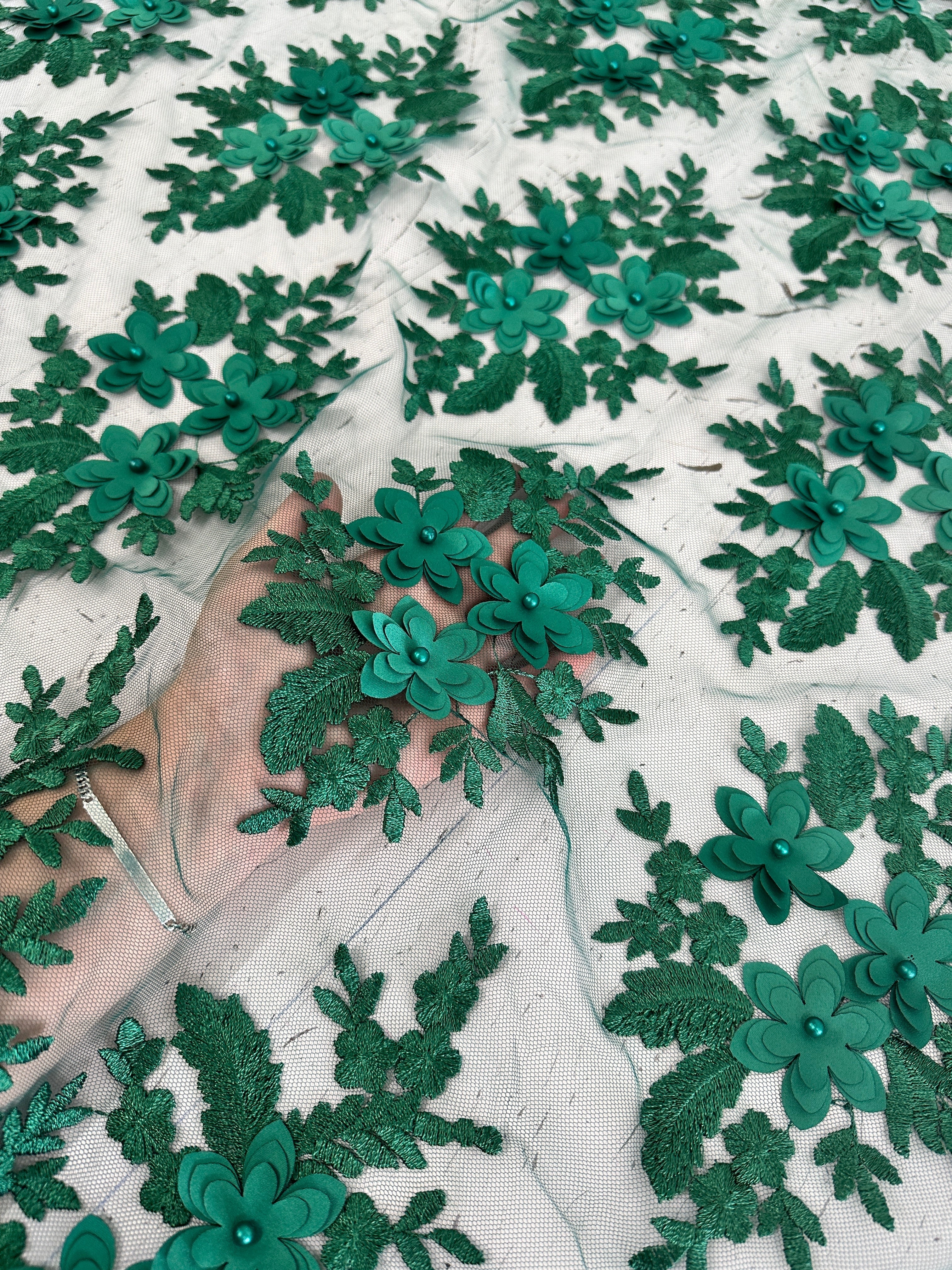 Emerald Green 3D Flower Scalloped Mesh Lace