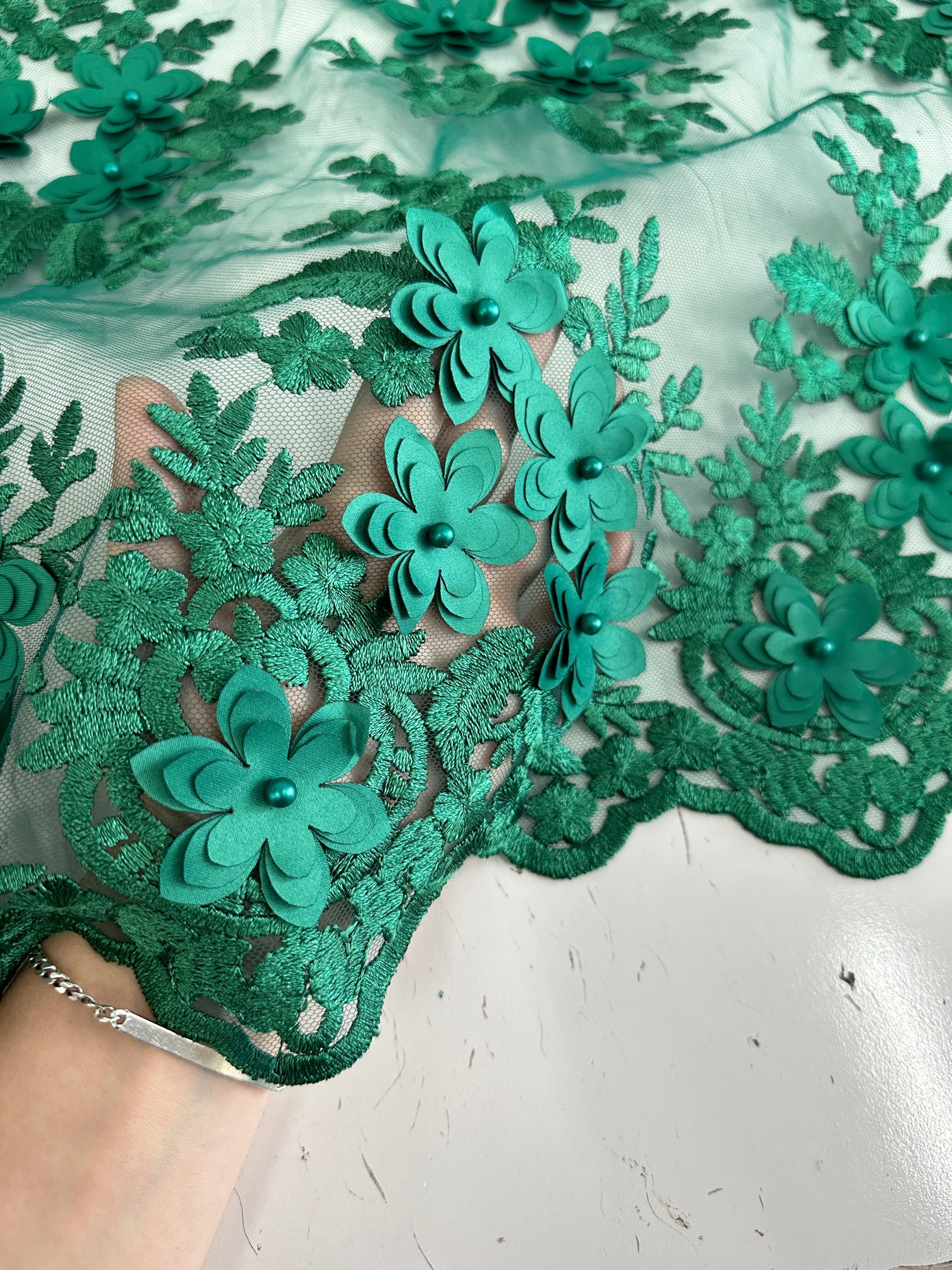 Emerald Green 3D Flower Scalloped Mesh Lace - Image 3