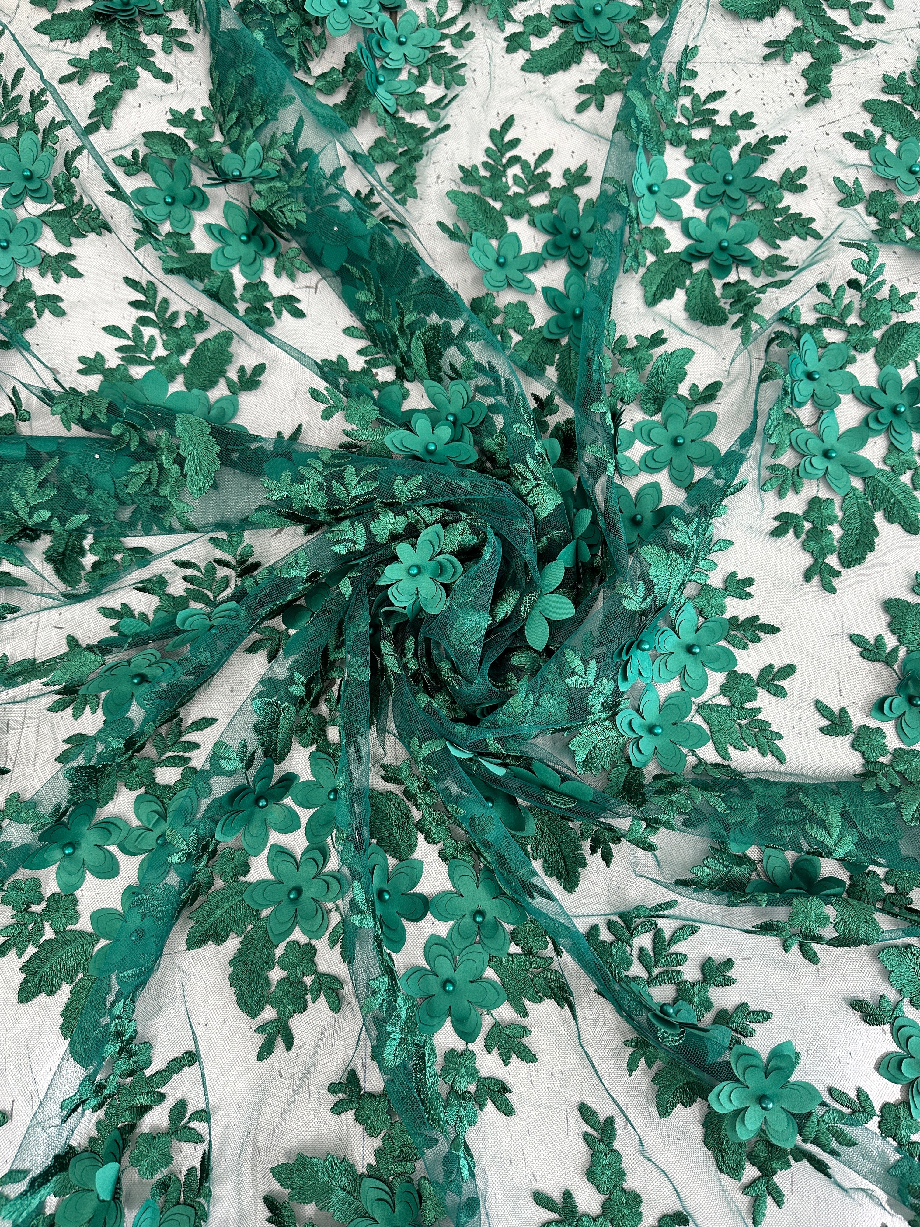 Emerald Green 3D Flower Scalloped Mesh Lace - Image 4