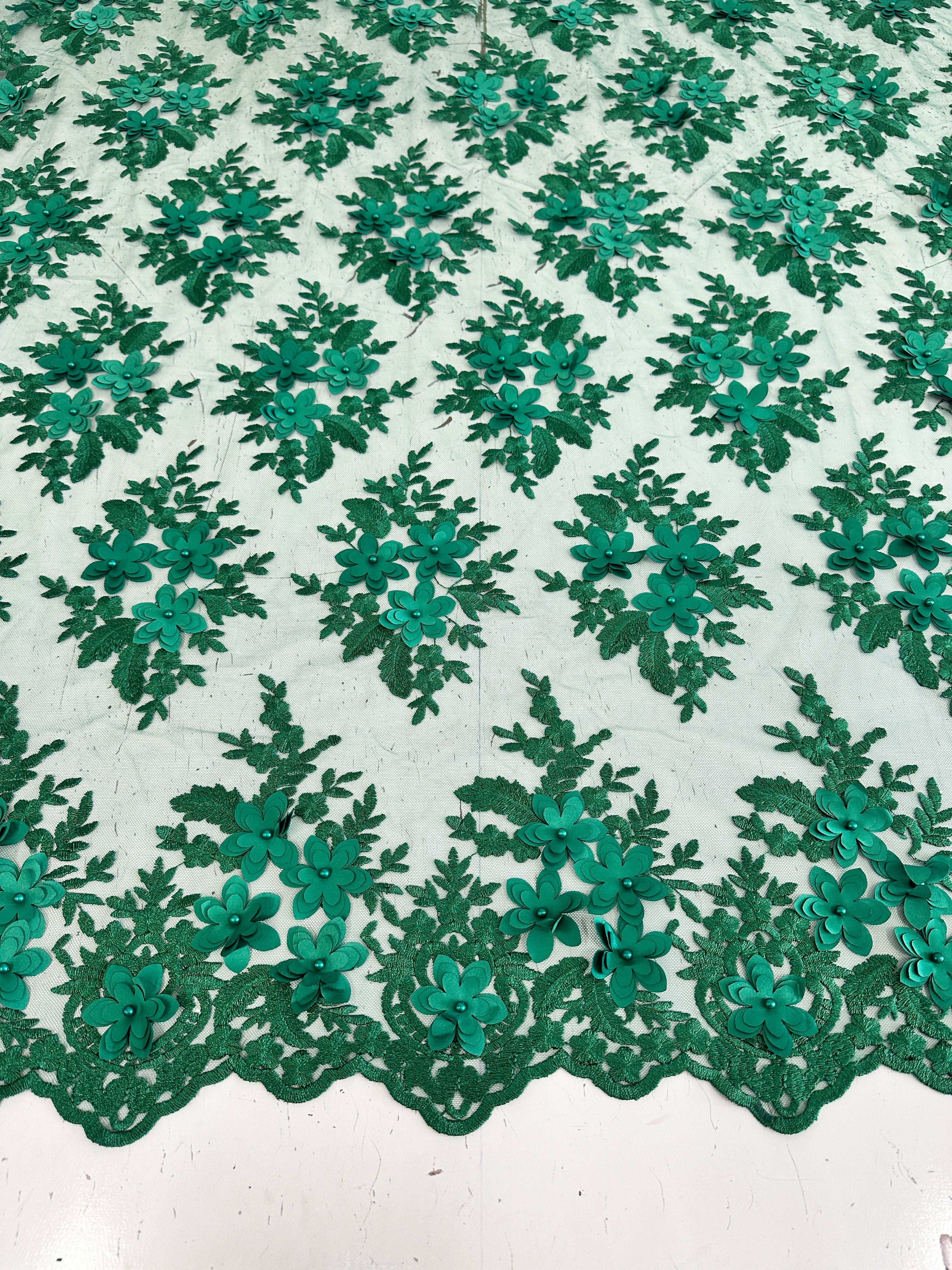 Emerald Green 3D Flower Scalloped Mesh Lace - Image 5