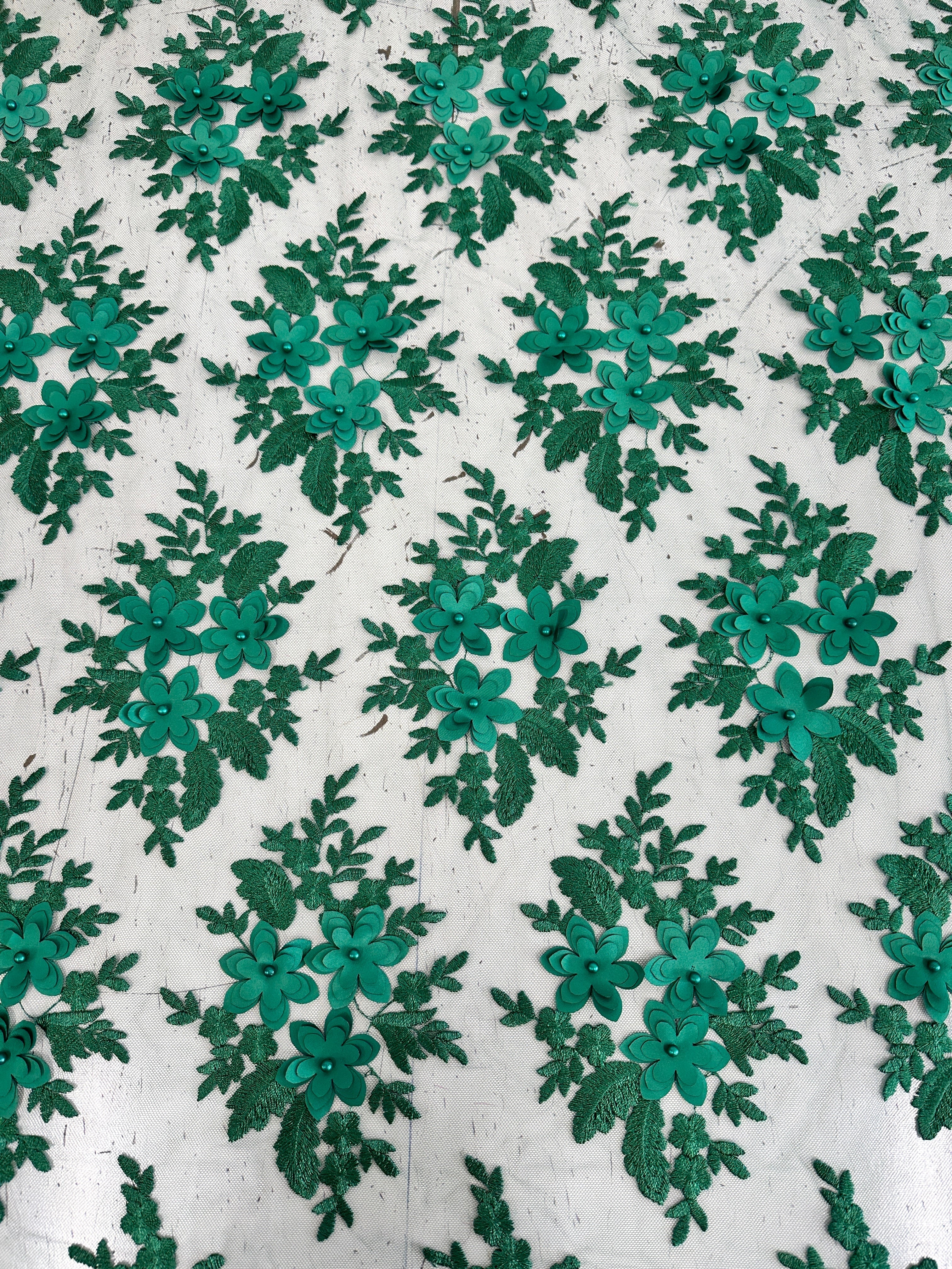 Emerald Green 3D Flower Scalloped Mesh Lace - Image 6