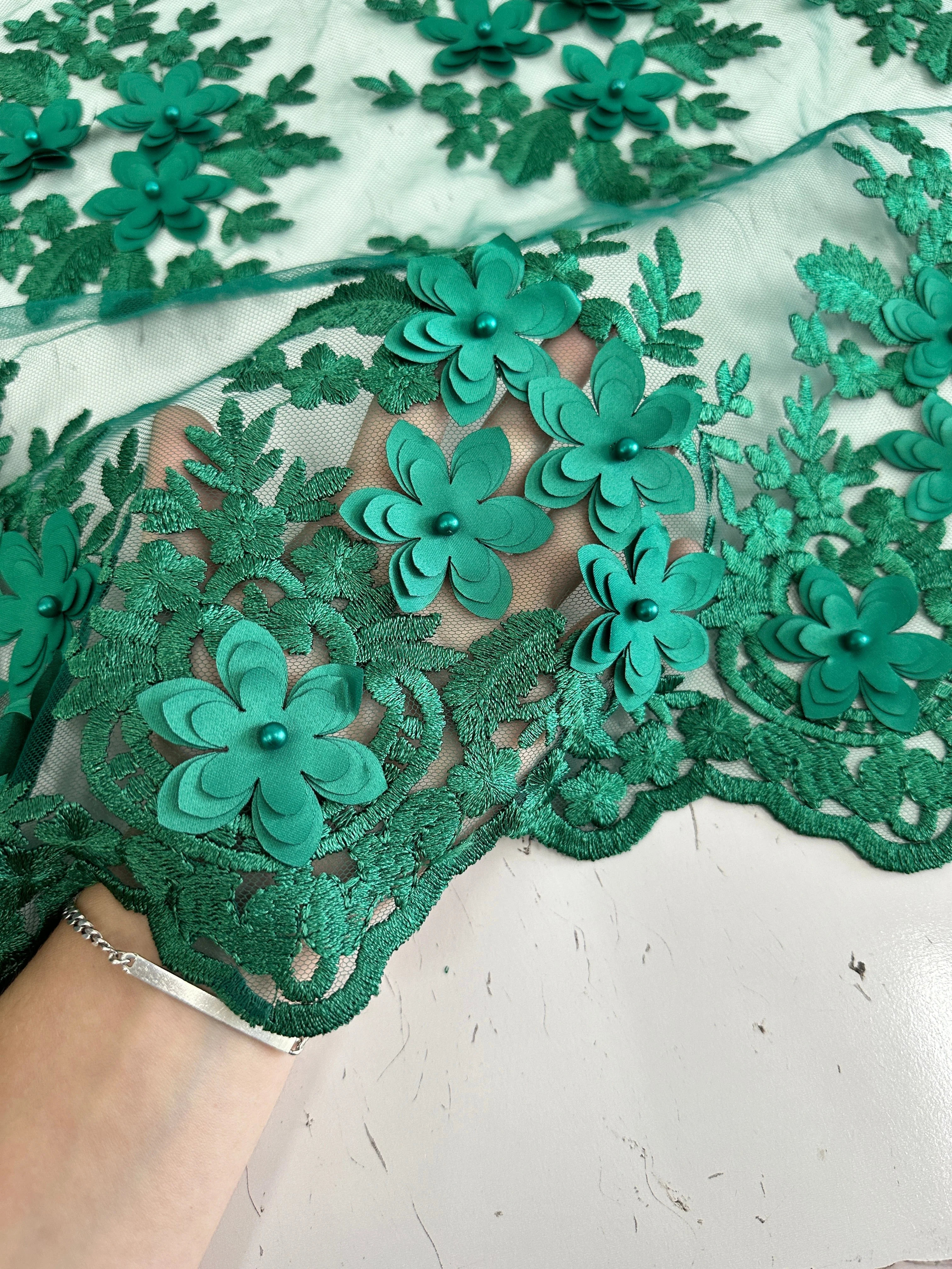 Emerald Green 3D Flower Scalloped Mesh Lace - Image 7