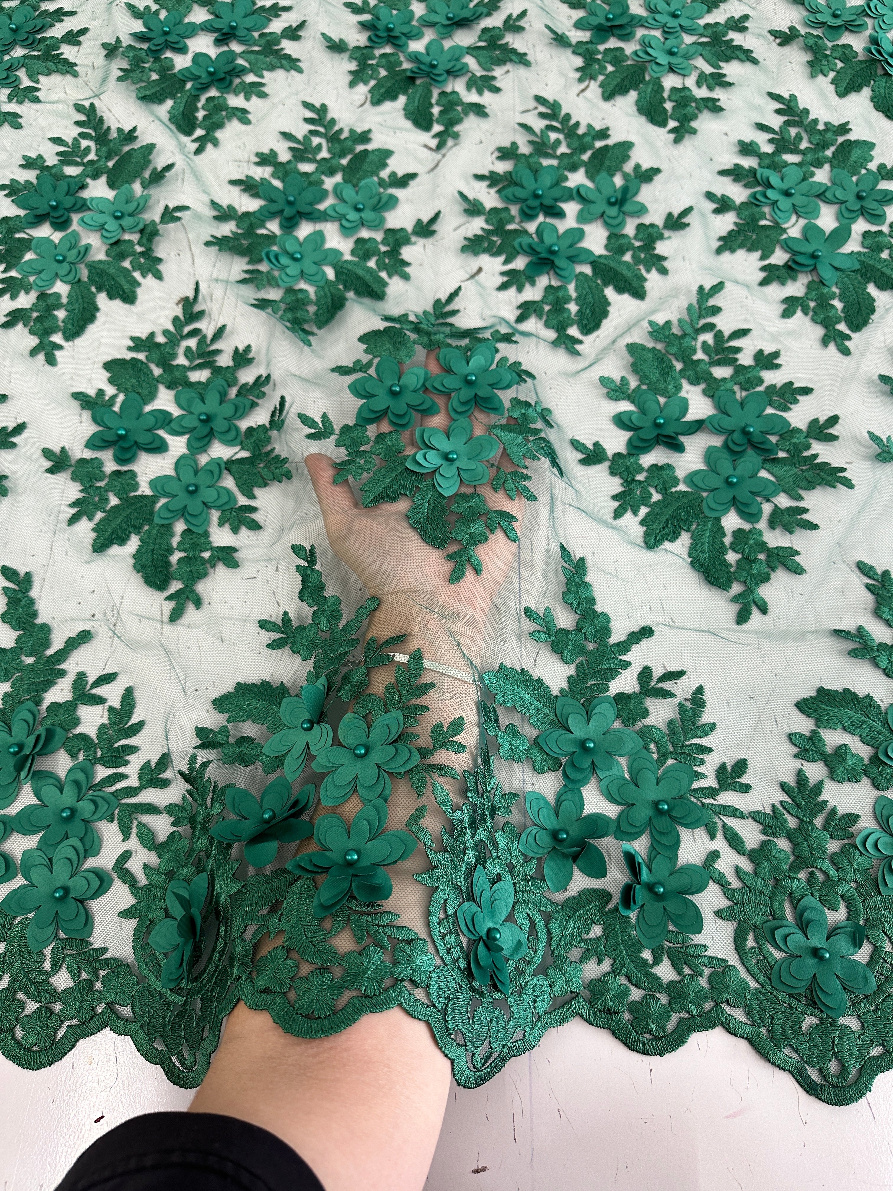 Emerald Green 3D Flower Scalloped Mesh Lace - Image 8