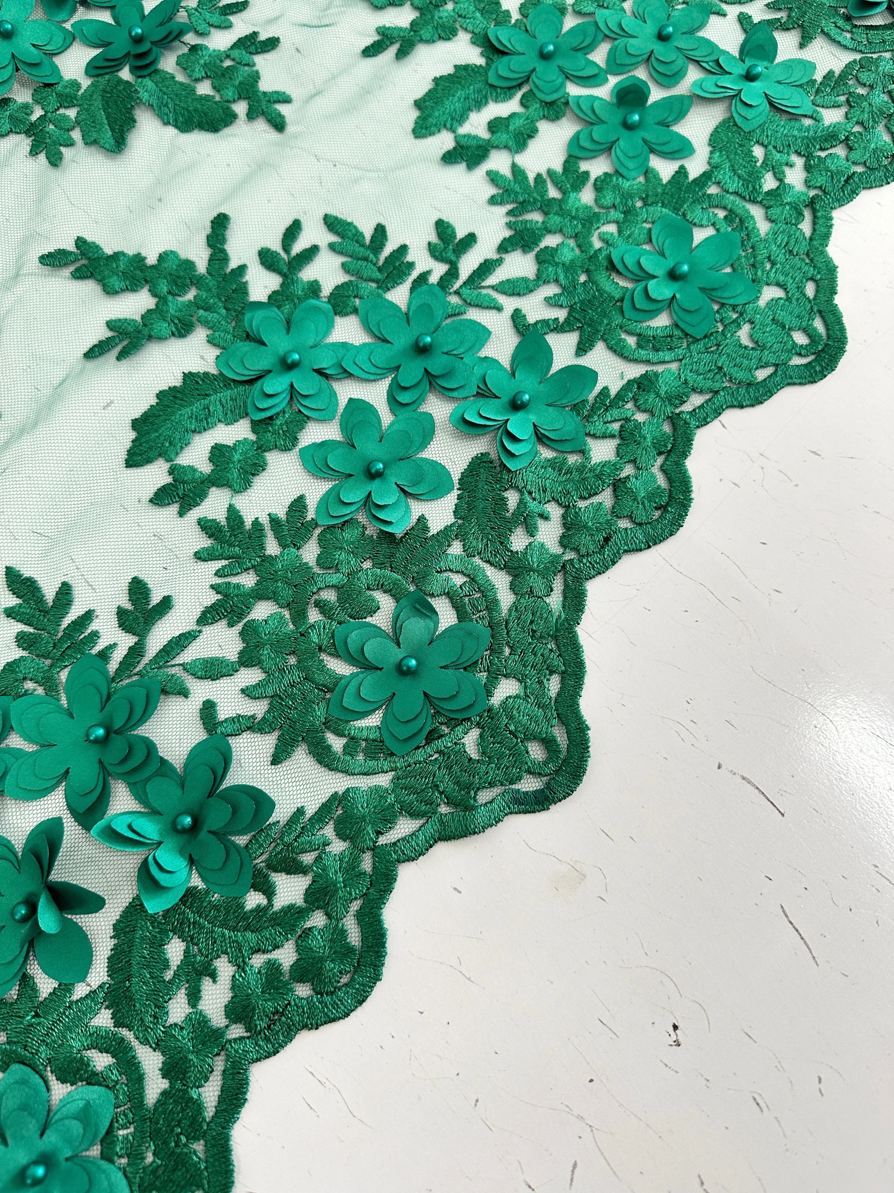 Emerald Green 3D Flower Scalloped Mesh Lace - Image 9