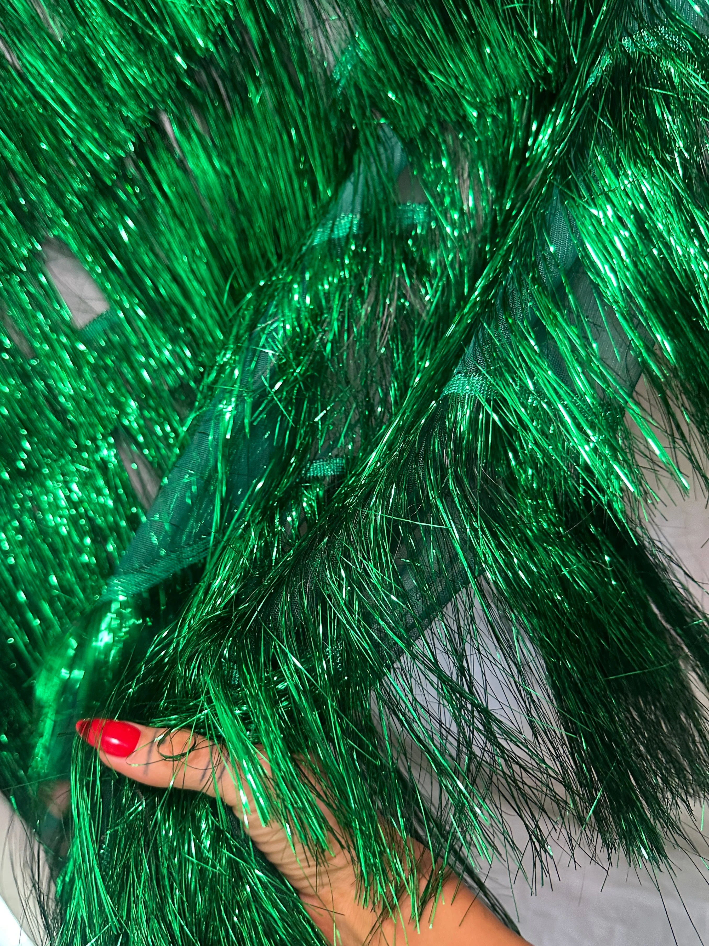 Kelly Green Fringe Metallic Mesh Base Fabric - Image 4