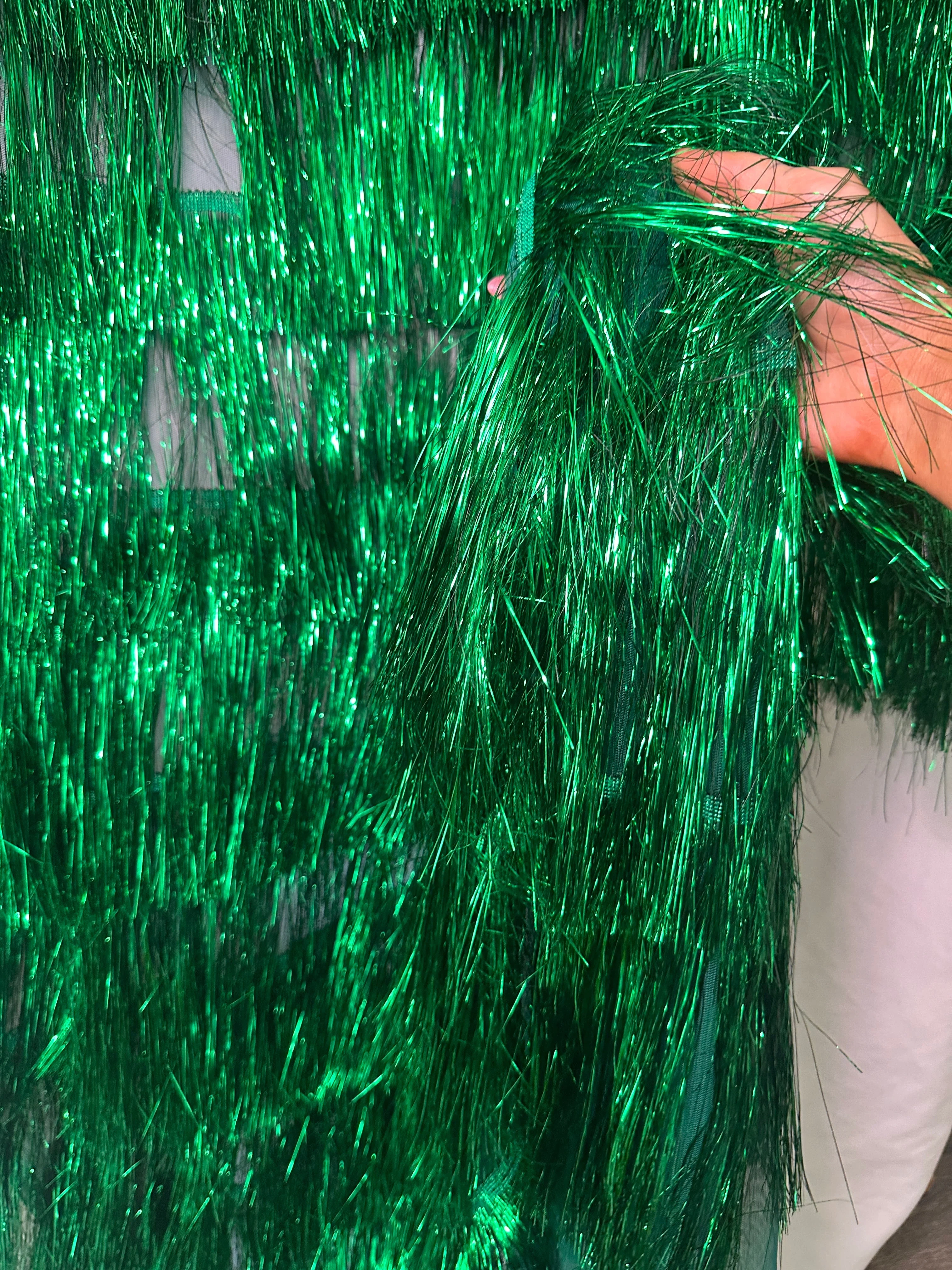 Kelly Green Fringe Metallic Mesh Base Fabric - Image 5