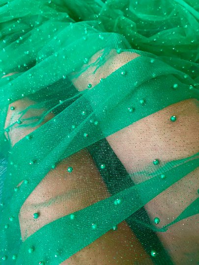 Kelly Green Pearl Beaded Glittery Mesh/Tulle - Image 2