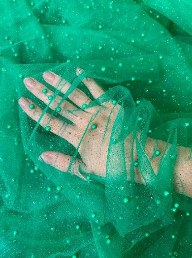 Kelly Green Pearl Beaded Glittery Mesh/Tulle - Image 3