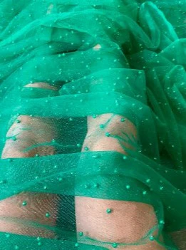 Kelly Green Pearl Beaded Glittery Mesh/Tulle - Image 4