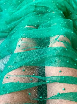 Kelly Green Pearl Beaded Glittery Mesh/Tulle - Image 5