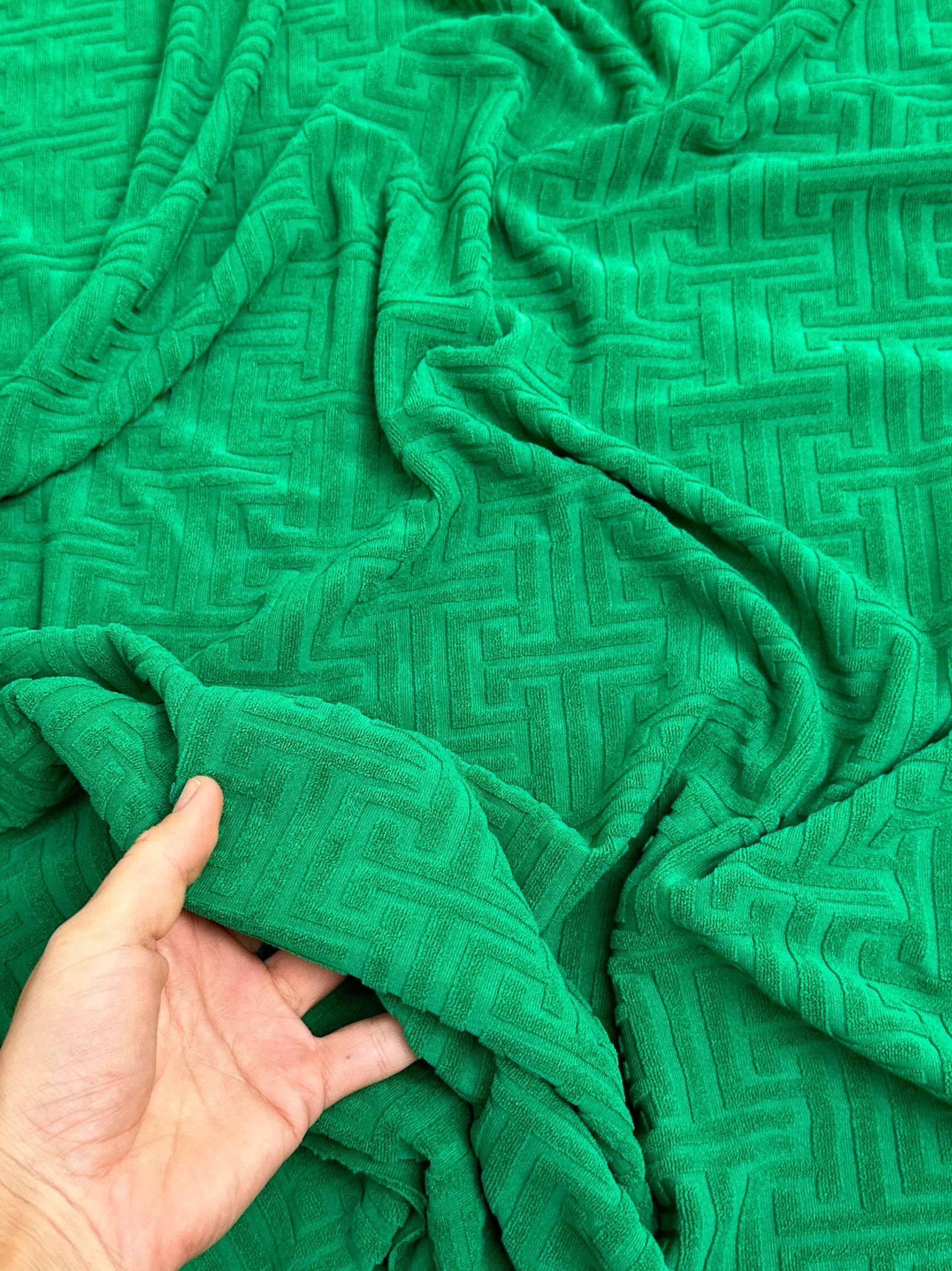 Kelly Green Textured Geometric Pattern Jersey Knit - Image 4