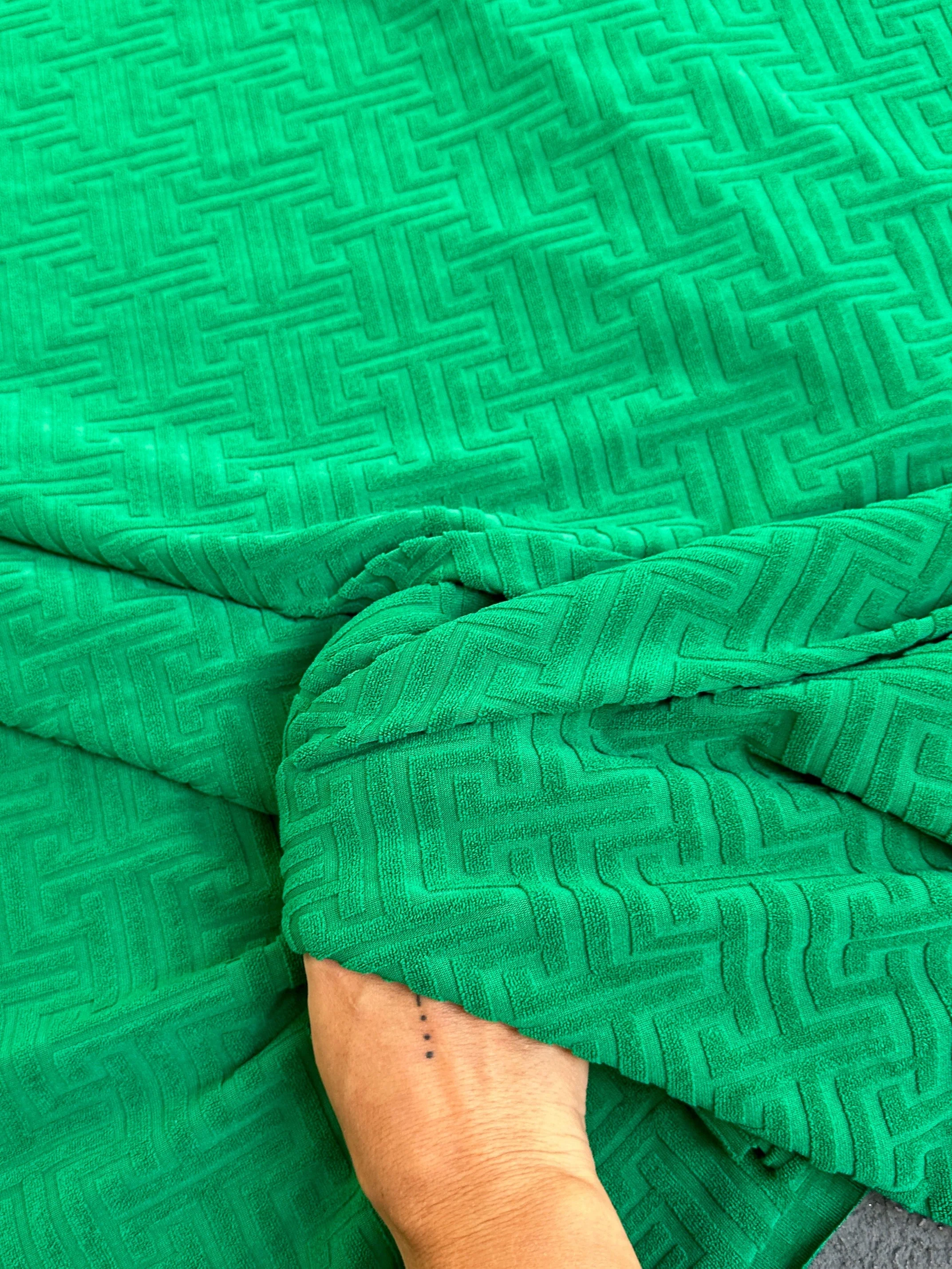 Kelly Green Textured Geometric Pattern Jersey Knit - Image 7