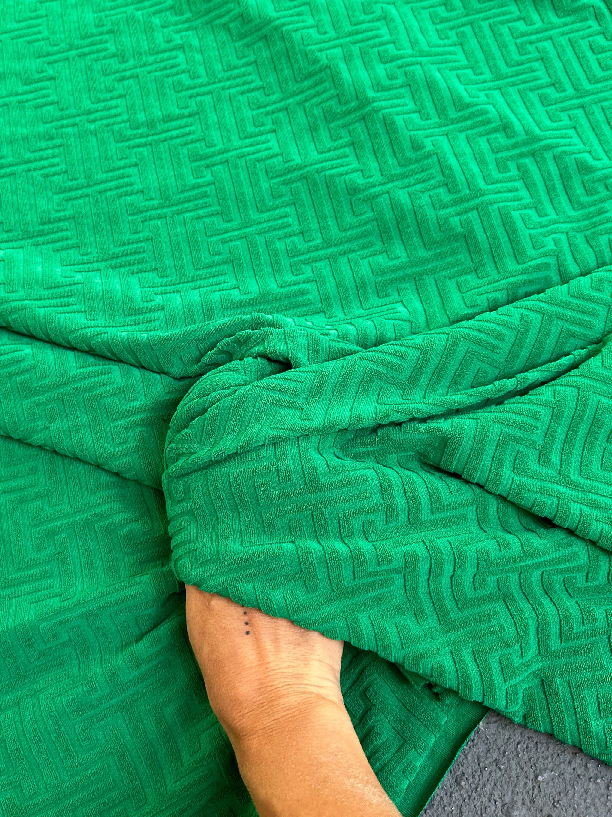 Kelly Green Textured Geometric Pattern Jersey Knit - Image 8