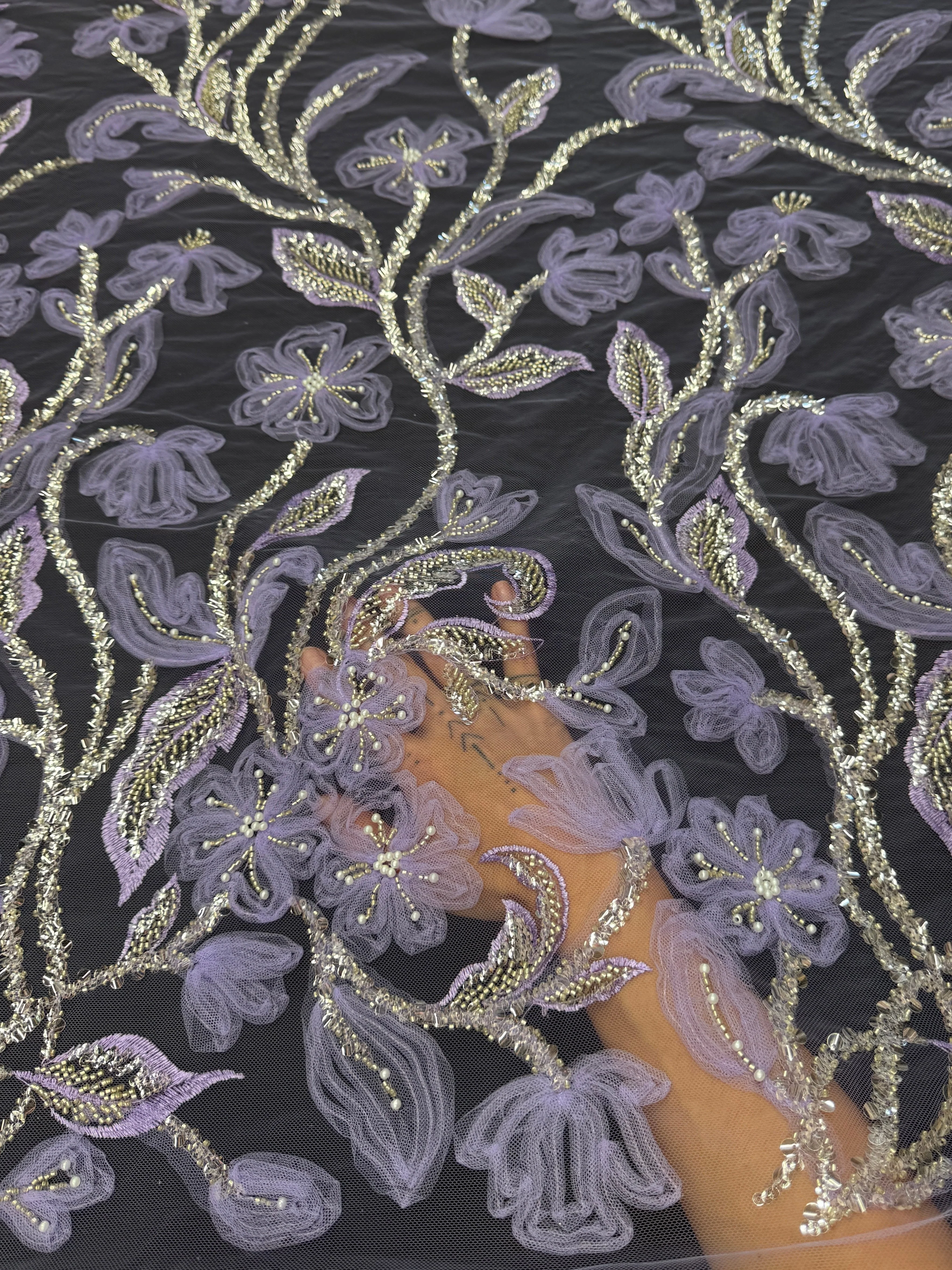 Lavender 3D Floral Tulle Beaded Lace Mesh
