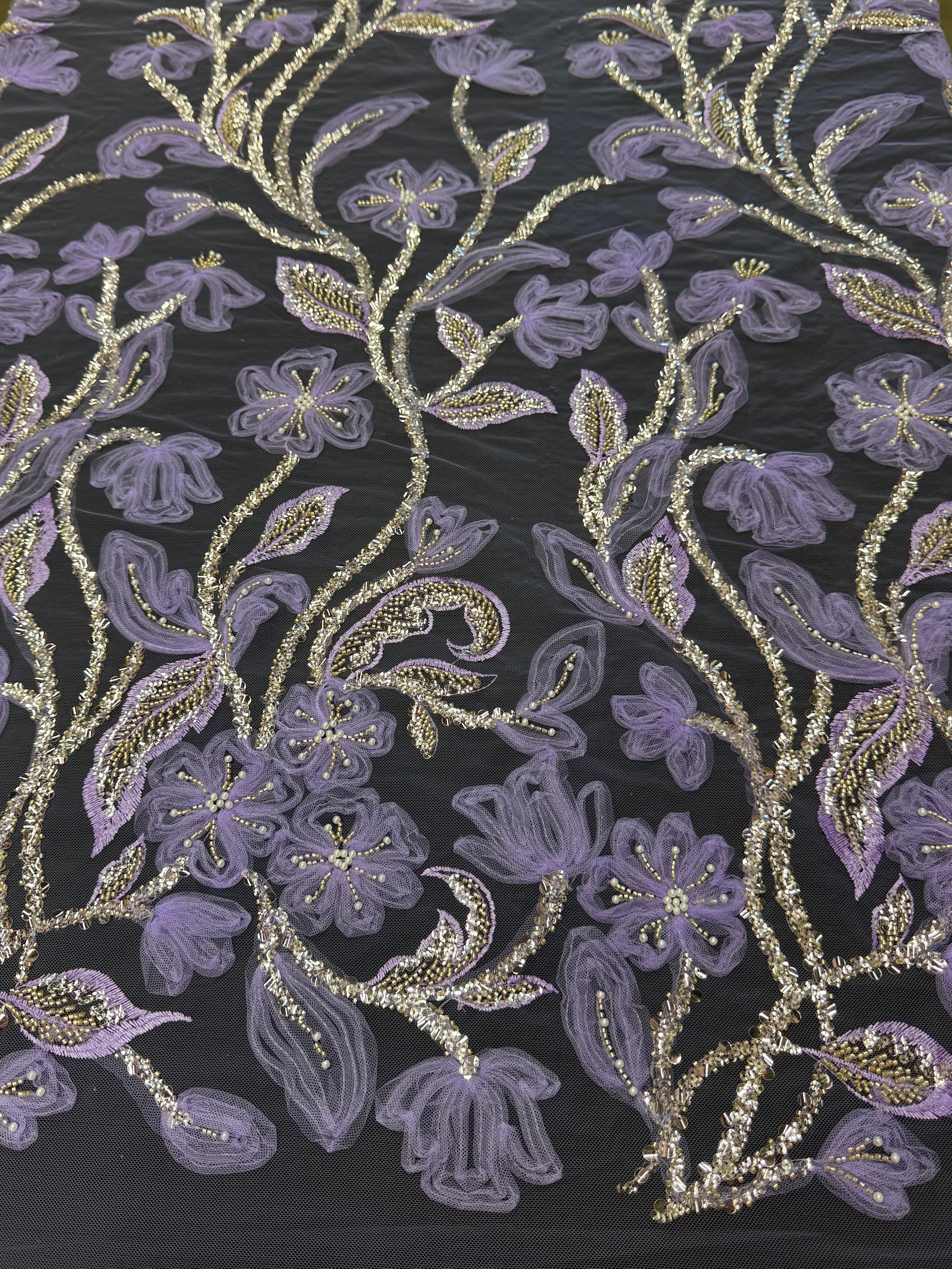 Lavender 3D Floral Tulle Beaded Lace Mesh - Image 3