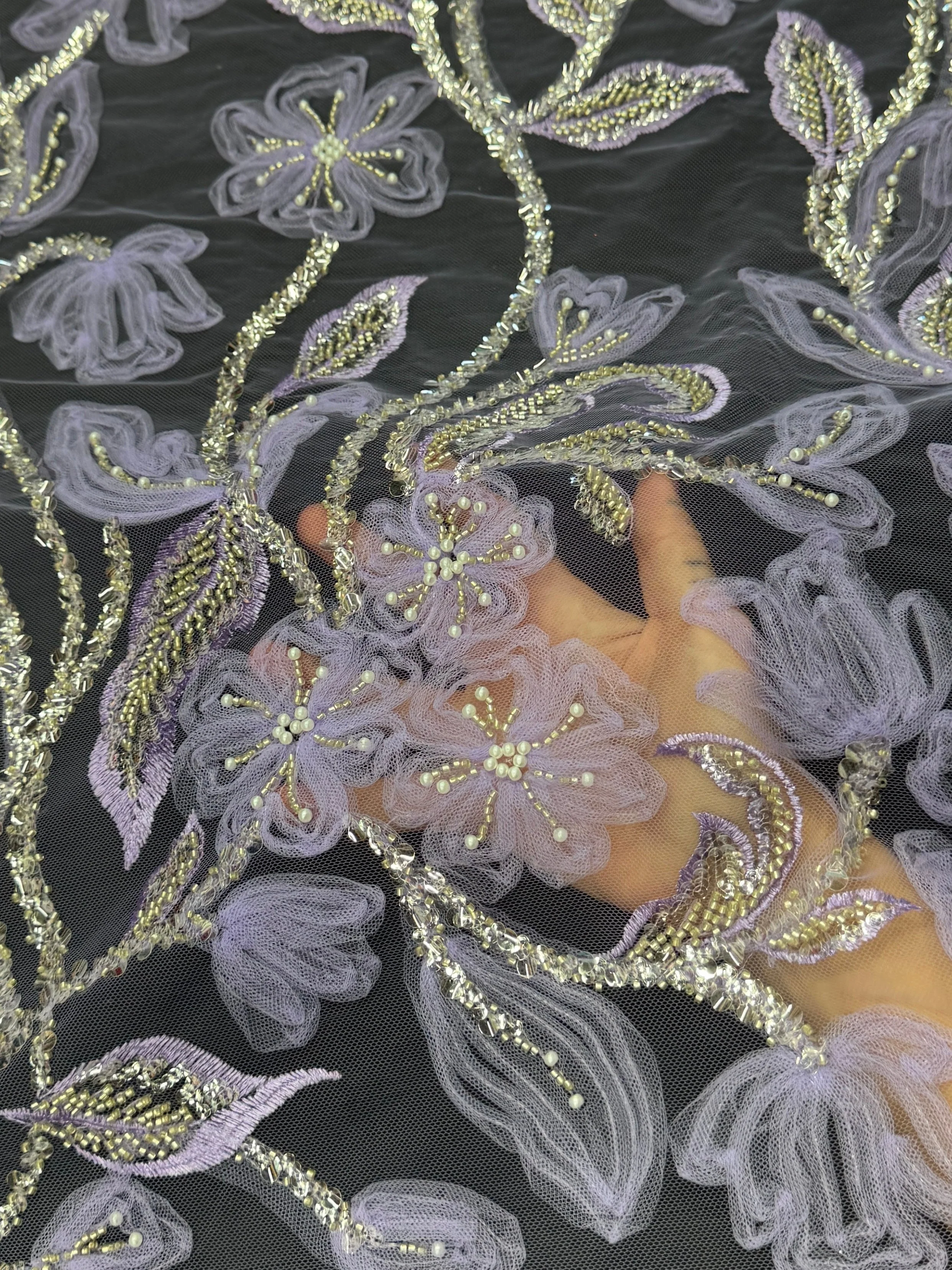 Lavender 3D Floral Tulle Beaded Lace Mesh - Image 4
