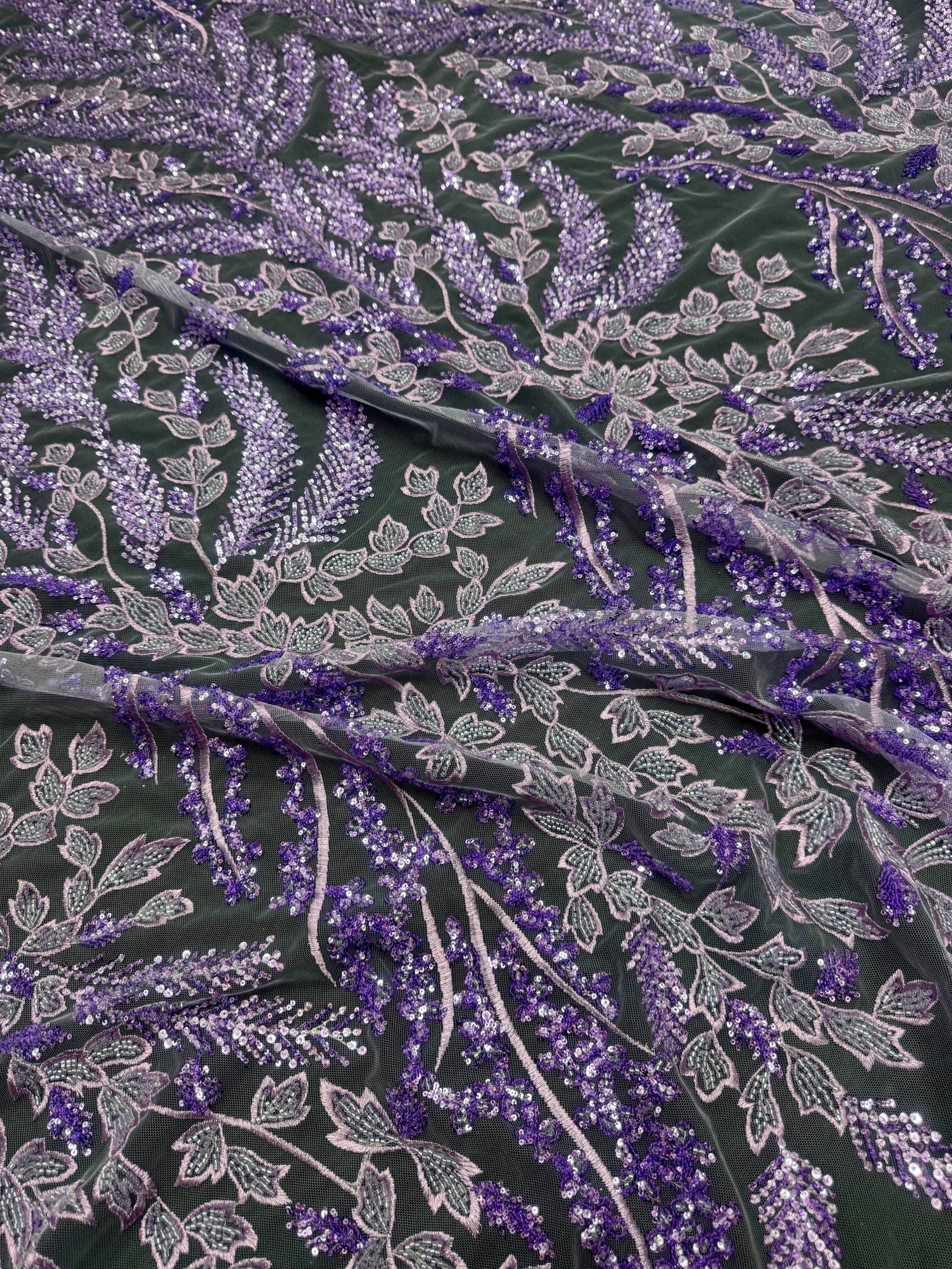 Lavender Leaves Beaded Embroidered Lace - Image 3