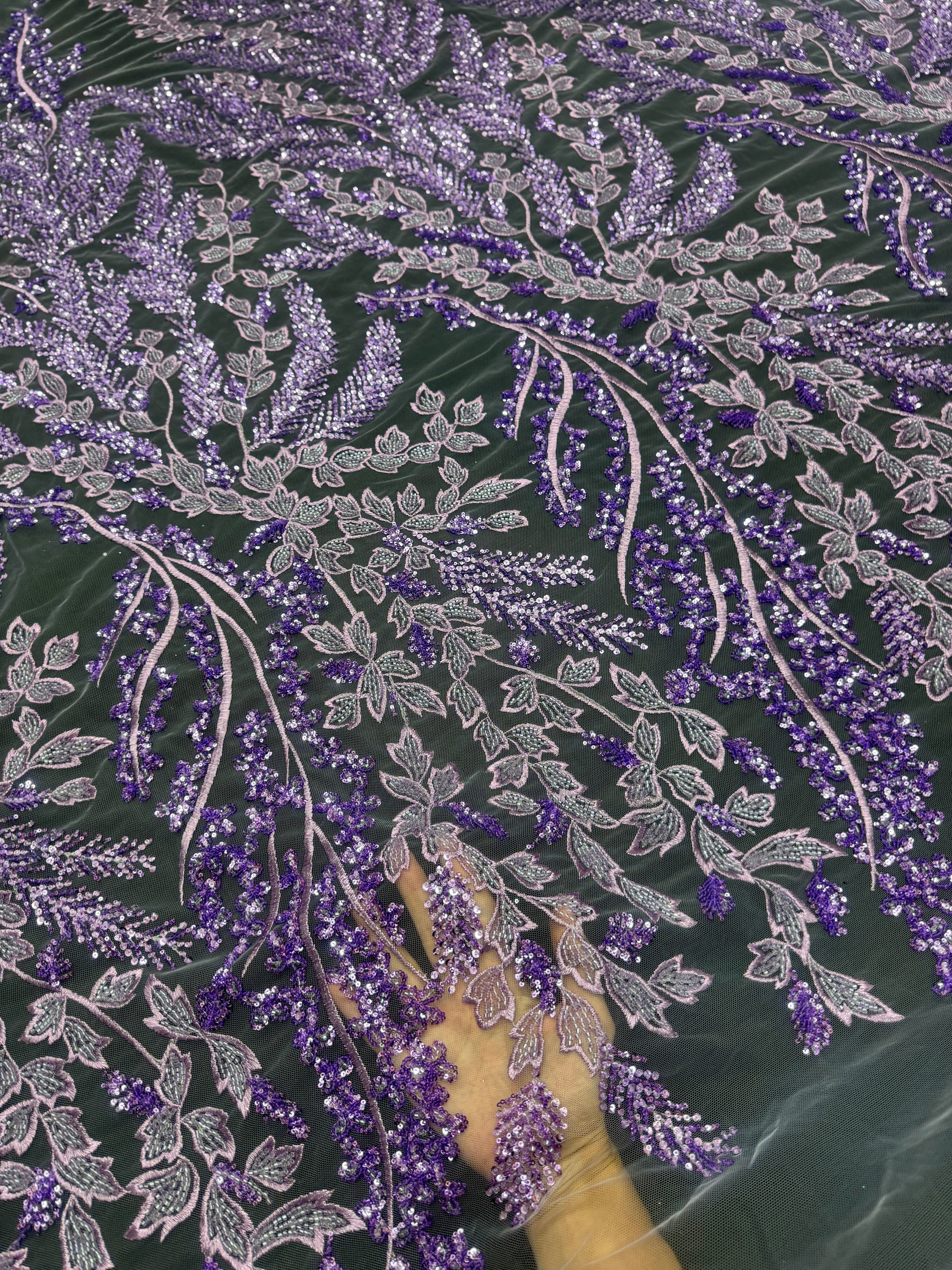Lavender Leaves Beaded Embroidered Lace - Image 6