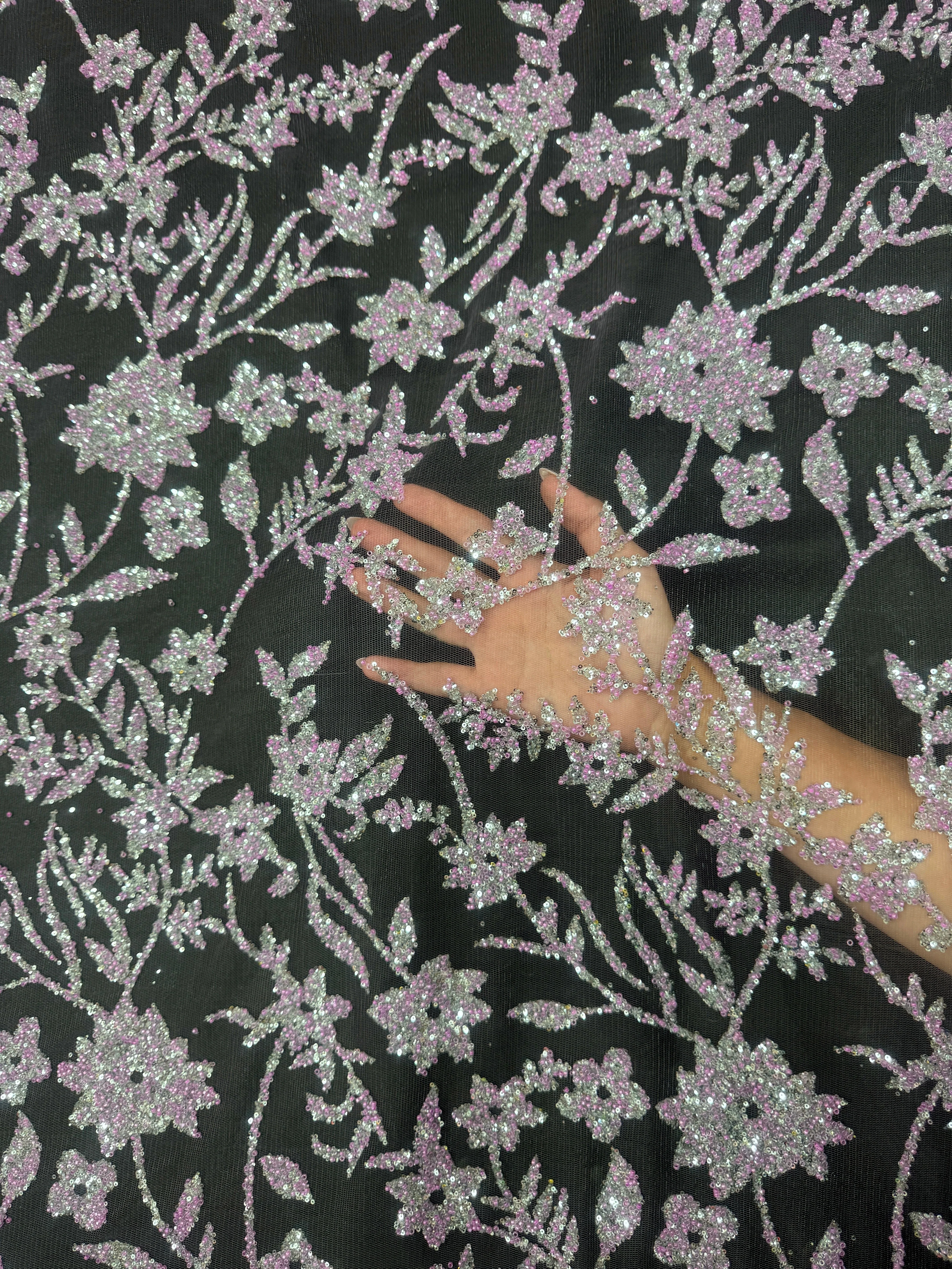 Lavender Silver Floral Beaded Lace