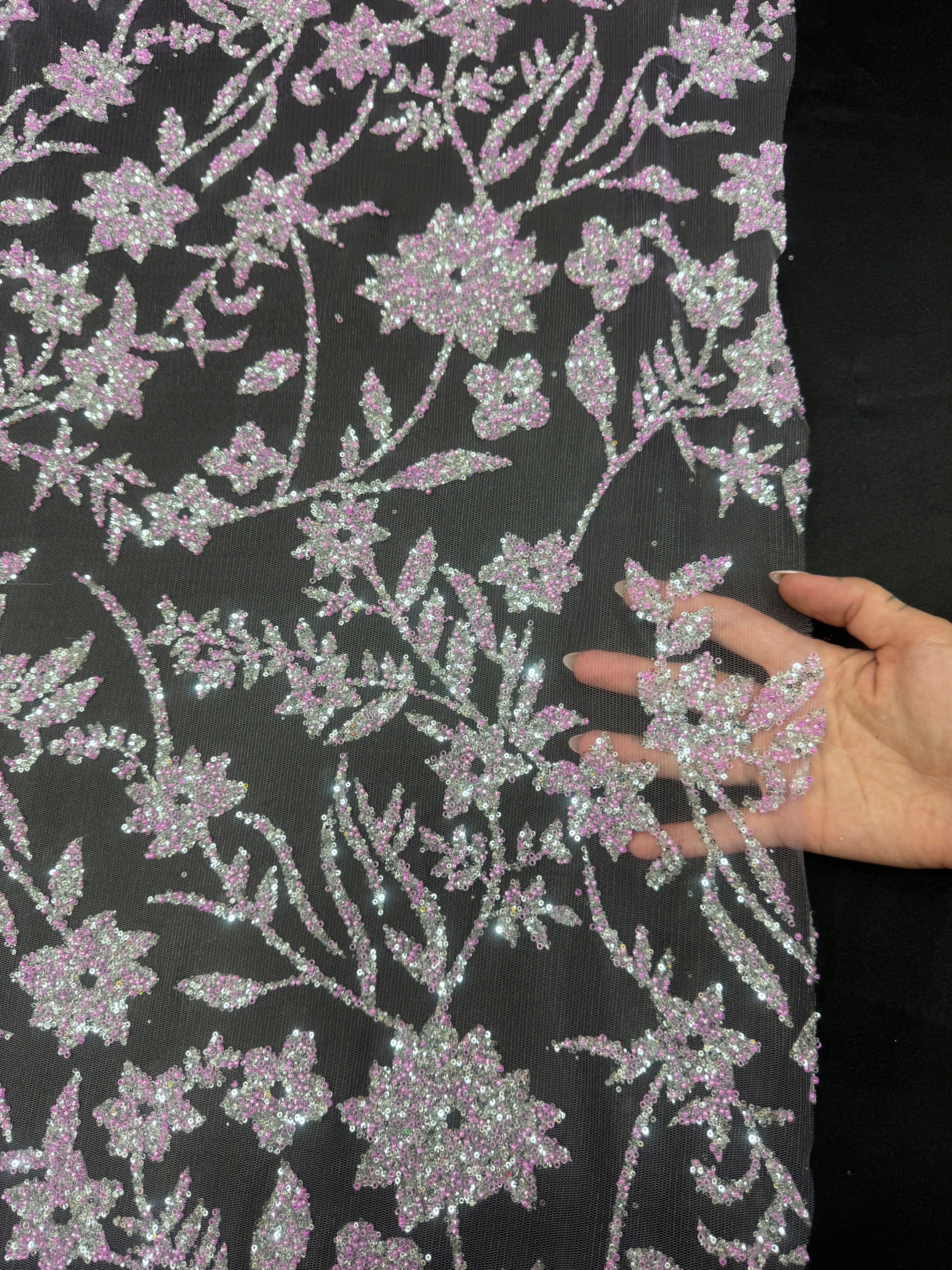Lavender Silver Floral Beaded Lace - Image 3