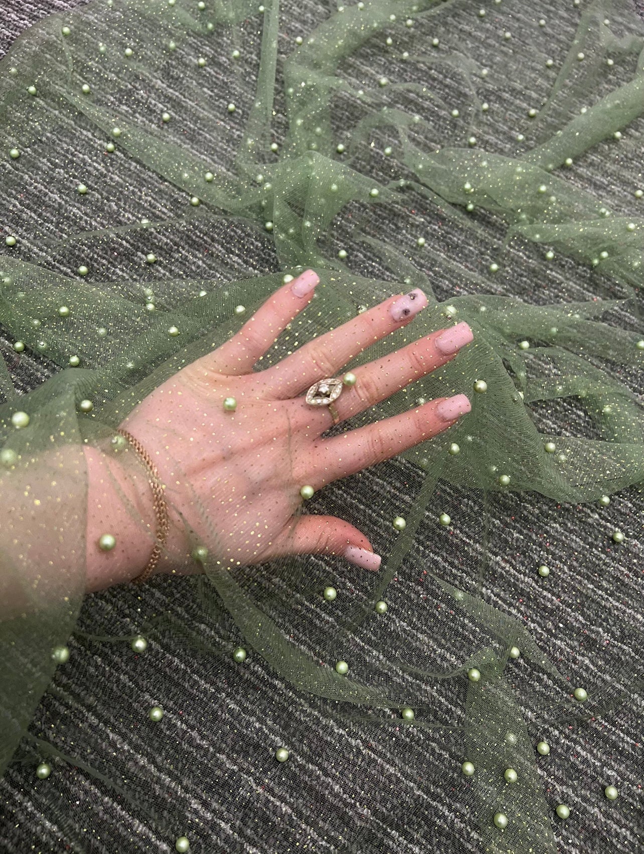 Sage Green Pearl Beaded Glittery Mesh/Tulle