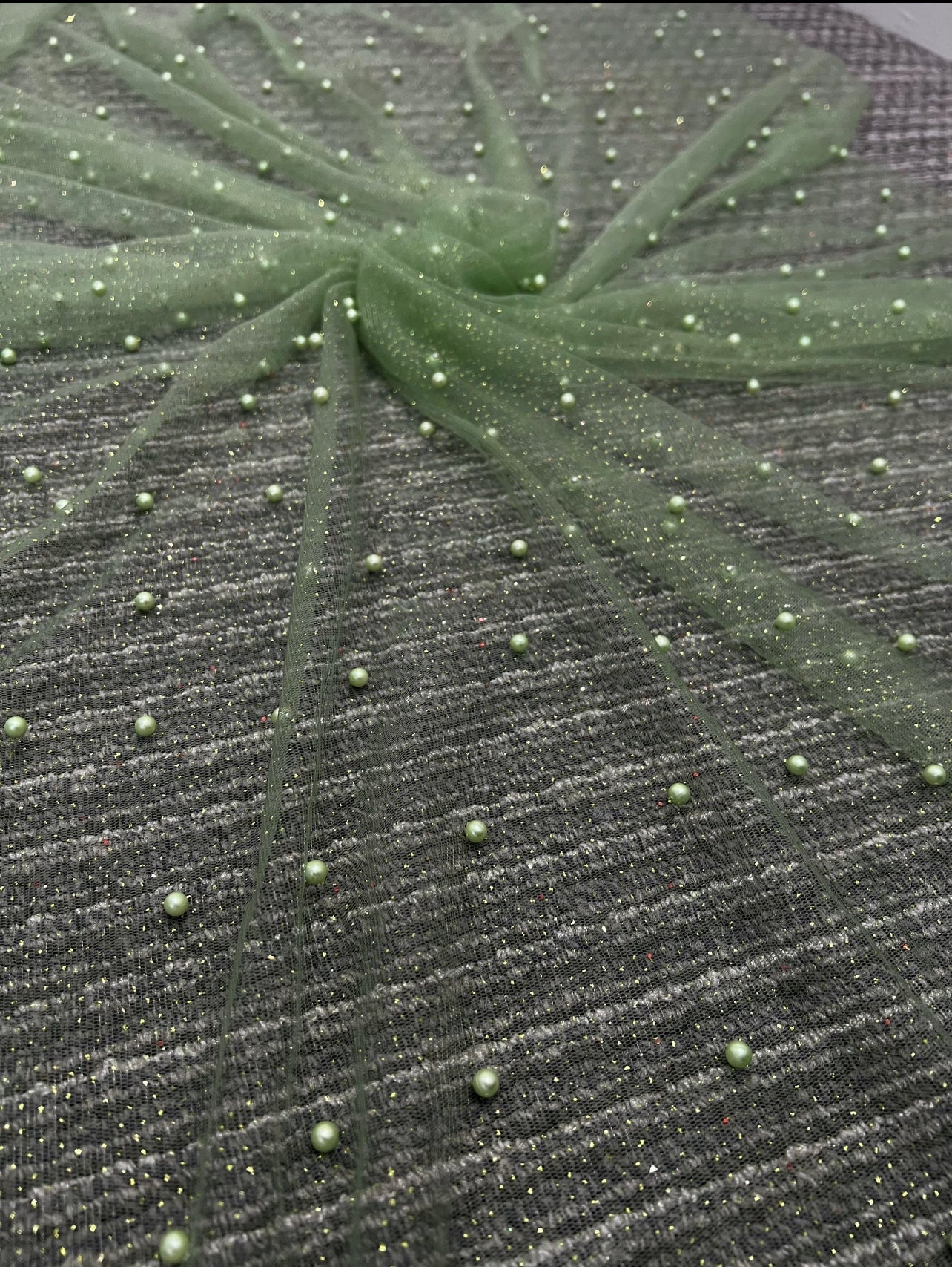 Sage Green Pearl Beaded Glittery Mesh/Tulle - Image 10