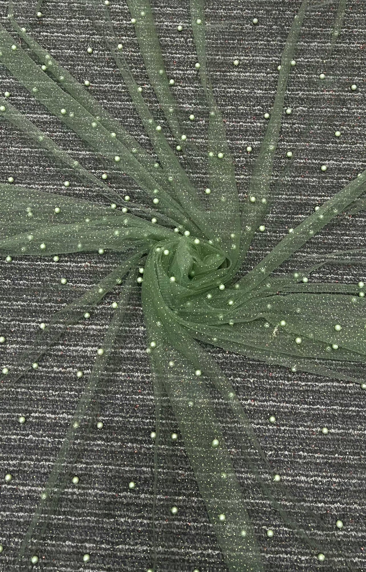 Sage Green Pearl Beaded Glittery Mesh/Tulle - Image 11
