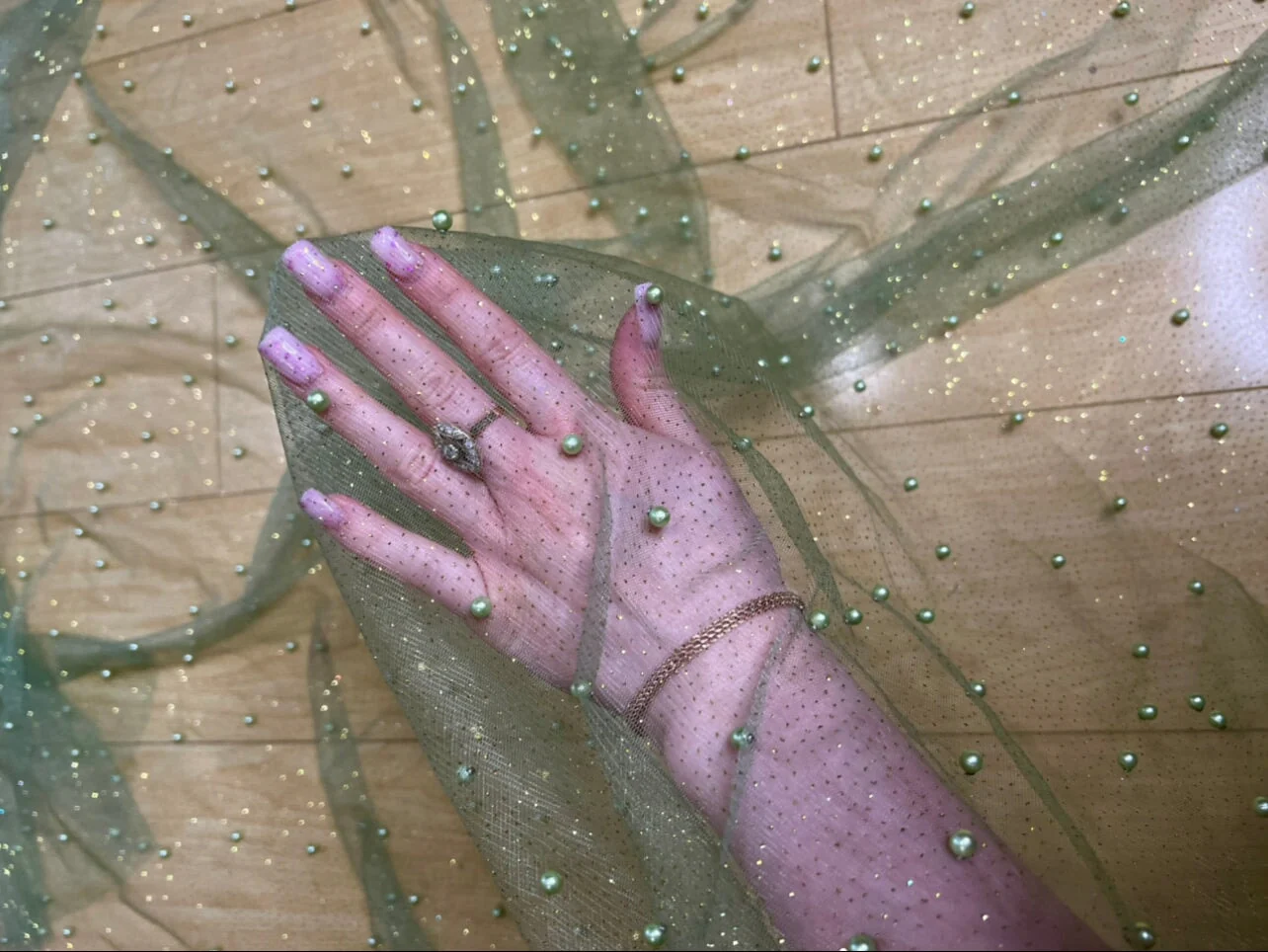 Sage Green Pearl Beaded Glittery Mesh/Tulle - Image 14