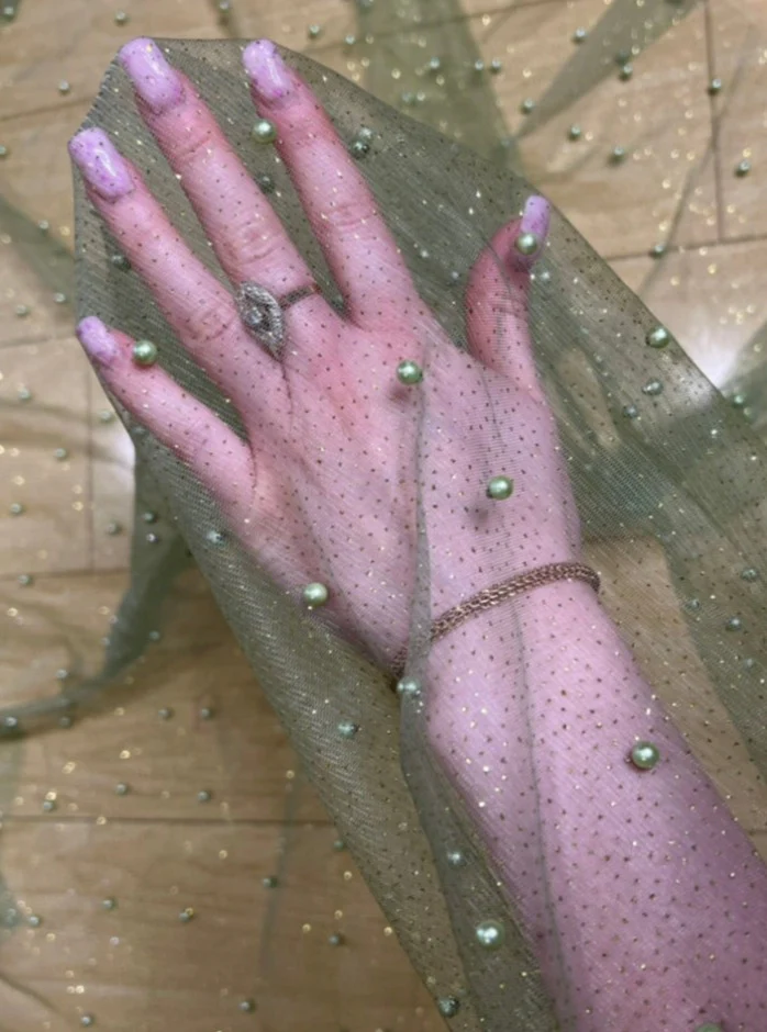 Sage Green Pearl Beaded Glittery Mesh/Tulle - Image 15